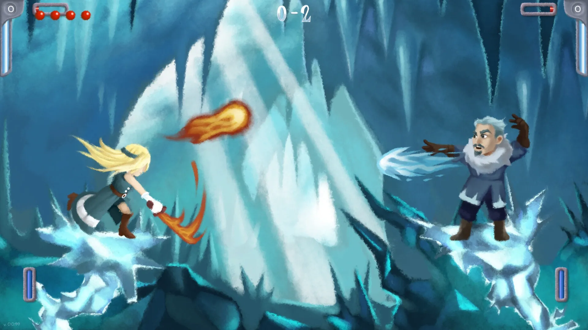 Joltt: Fiery and icy attacks clash between two characters on icy pillars in a frozen cavern setting.