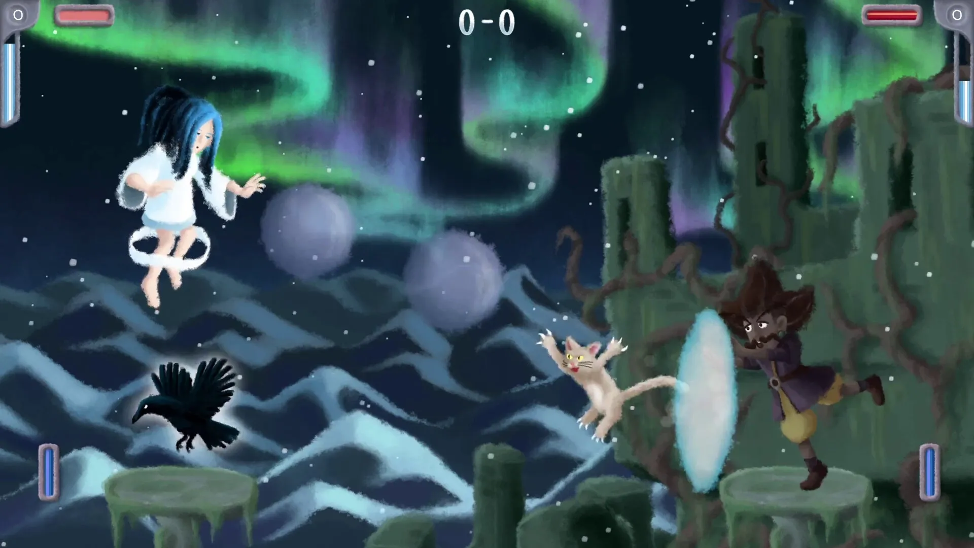 Joltt: Two challengers face off on mystical pillars under auroras, preparing magical attacks in a duel.
