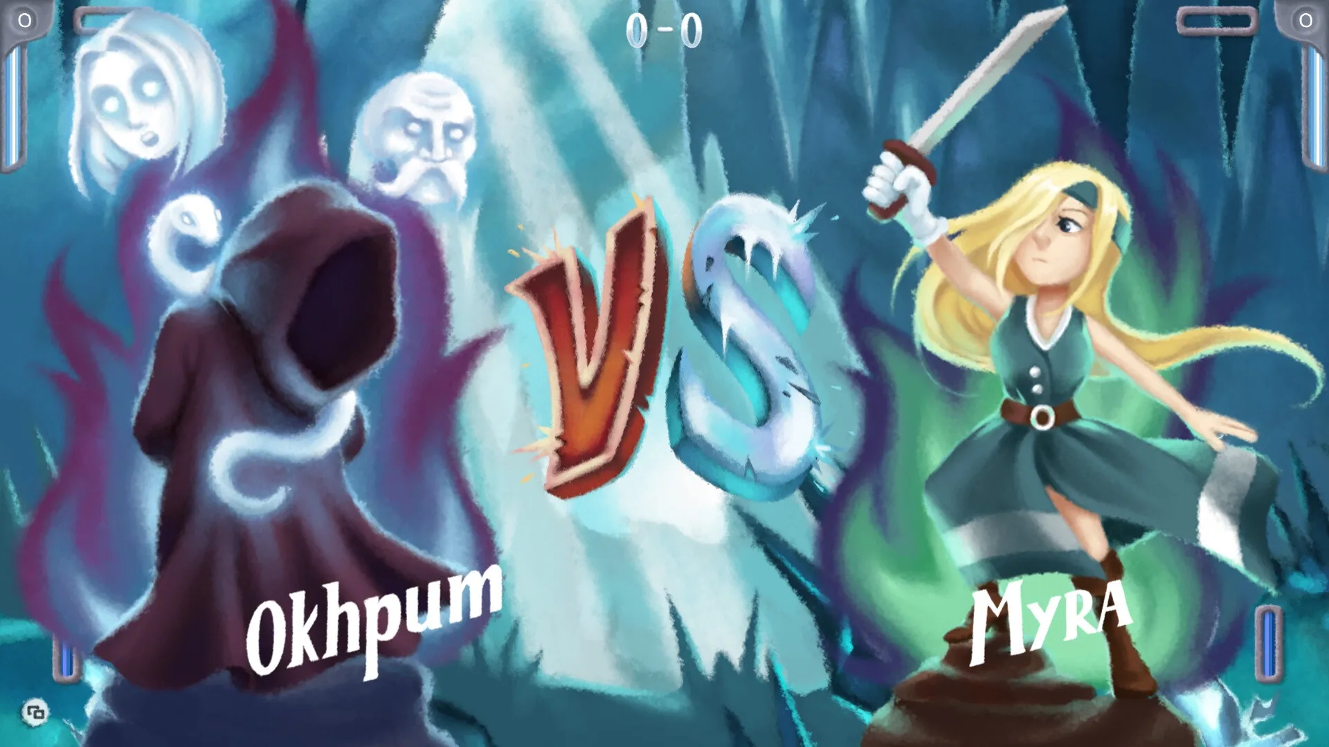 Joltt: Okhpum and Myra face off in mystical arena with glowing spirits and icy background