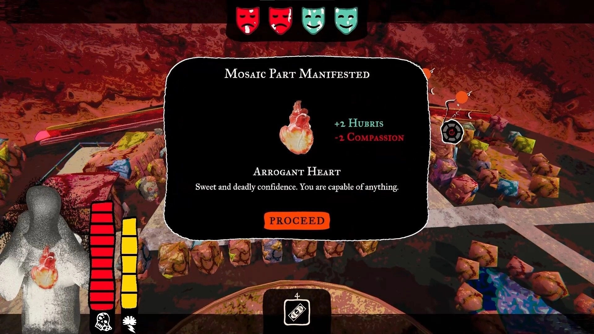 Joy Malignant: Popup reward “Arrogant Heart” with Proceed button over bloody dice arena UI.