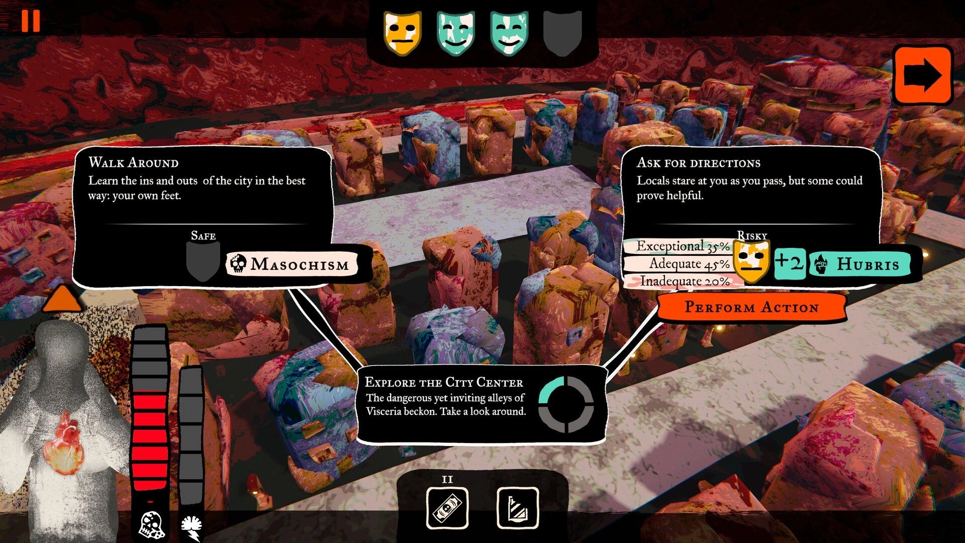 Joy Malignant: Choice UI to walk around or ask directions in crowded city center with stats and risks.