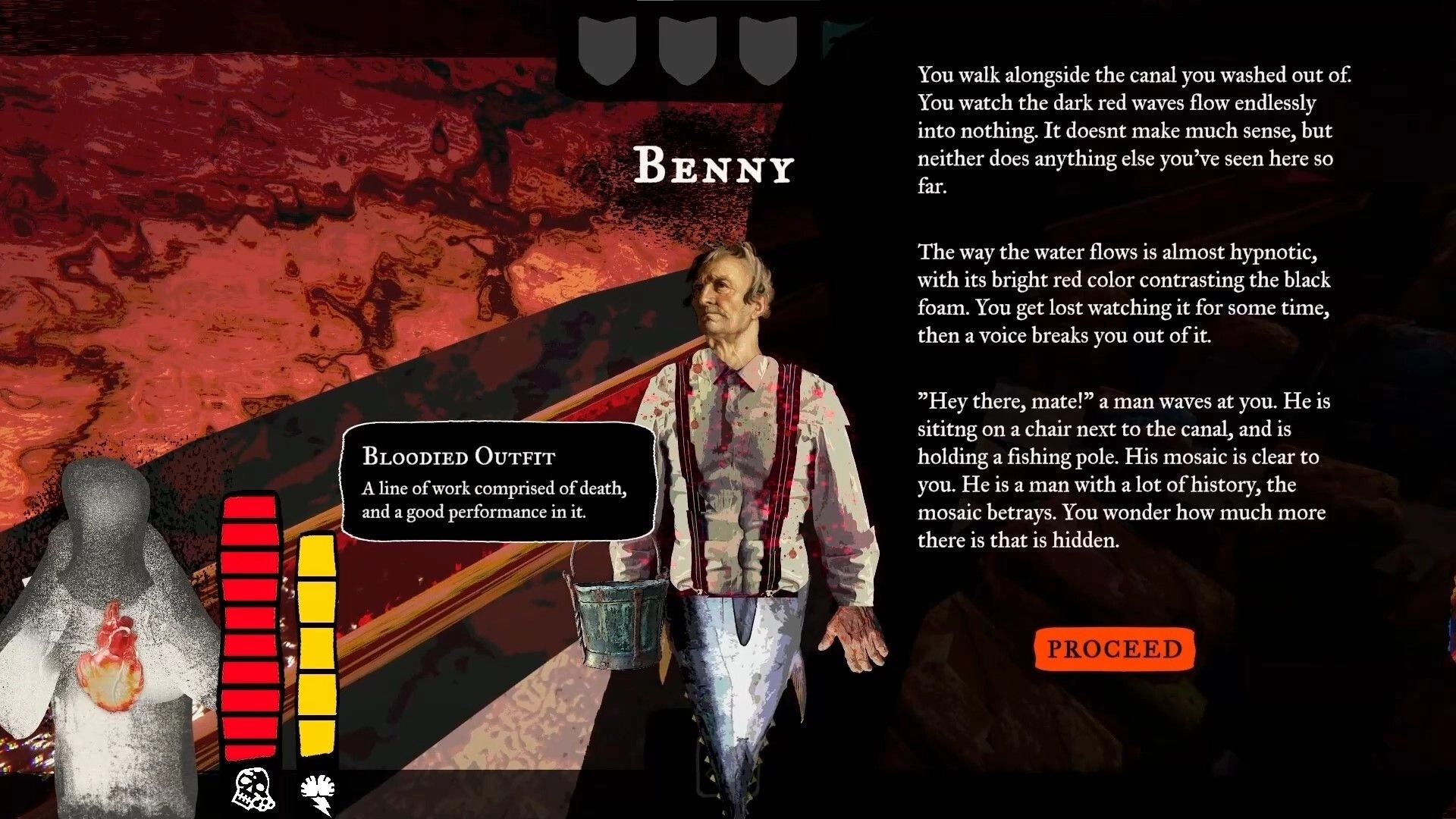 Joy Malignant: Dialogue with Benny beside a red canal, outfit tooltip and Proceed button on screen.