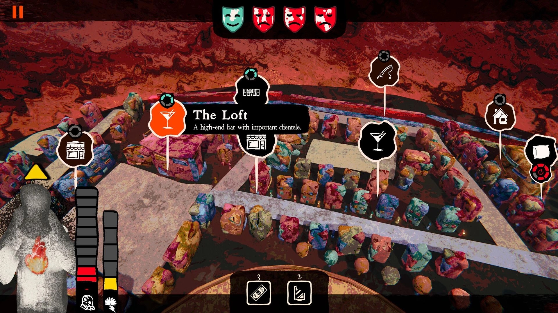 Joy Malignant: City map view highlighting The Loft bar icon amid blocky buildings and menu markers.
