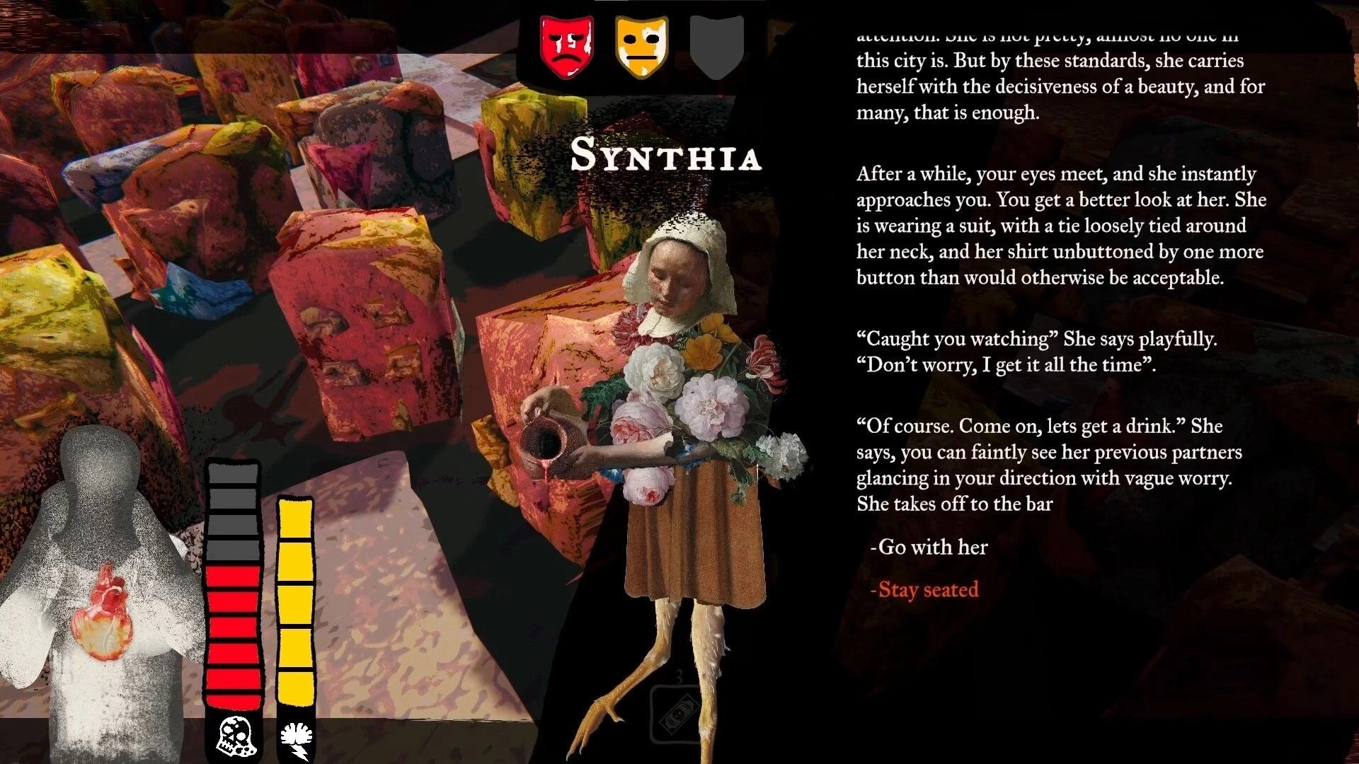 Joy Malignant: Dialogue with Synthia and choice prompts over dice-strewn table, status bars visible.
