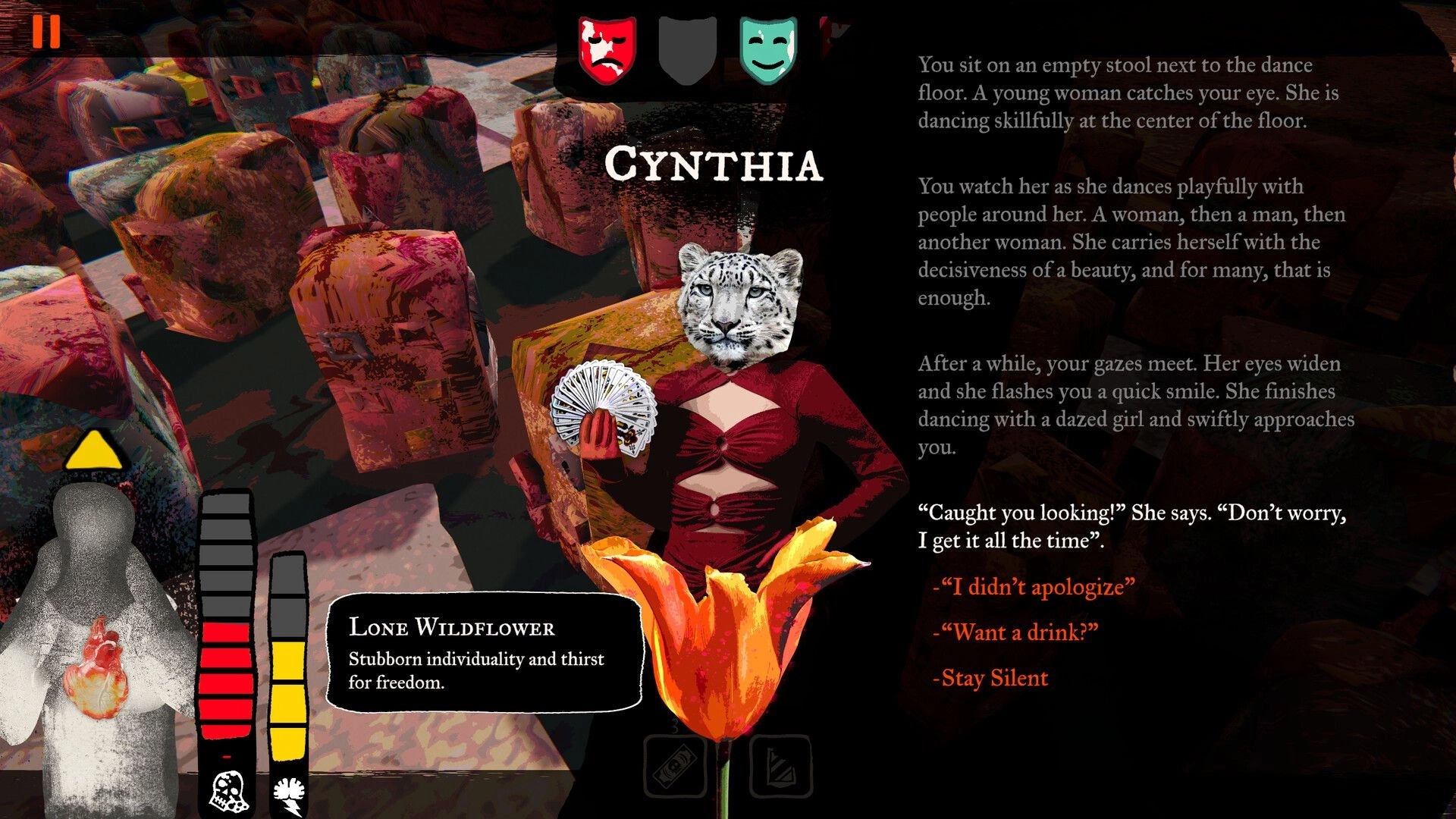Joy Malignant: Dialogue with Cynthia, leopard-masked woman holding cards, in a dim club scene UI.