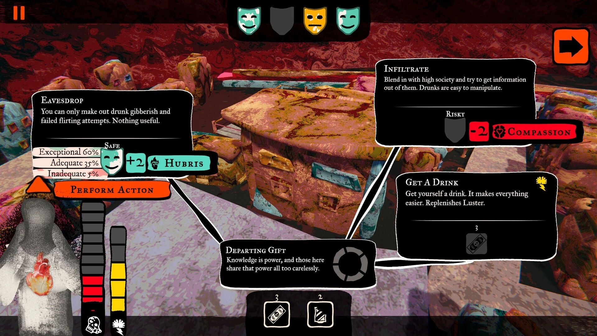 Joy Malignant: Choice UI with Eavesdrop, Infiltrate, Get a Drink options over grimy lounge scene.