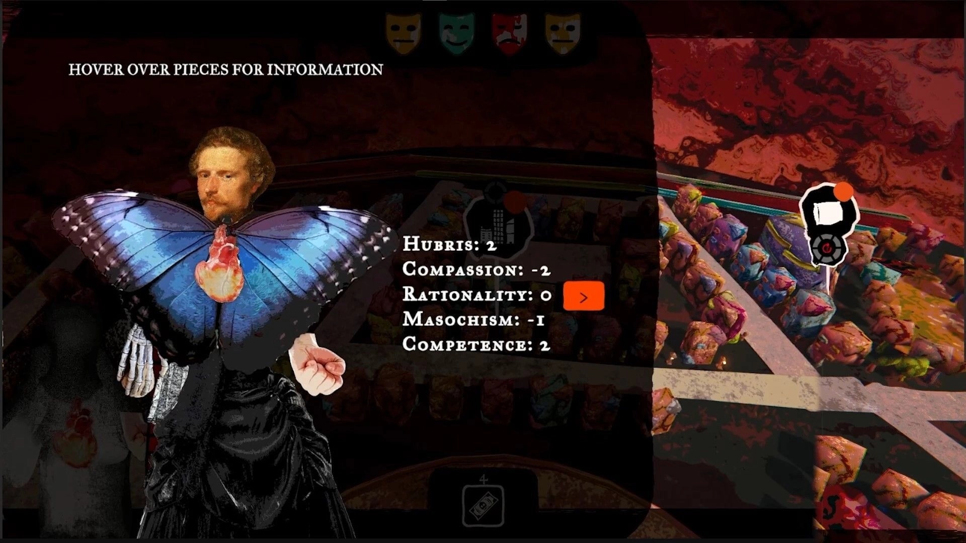 Joy Malignant: Character stat panel over dice board, butterfly-headed figure beside colorful dice pieces.