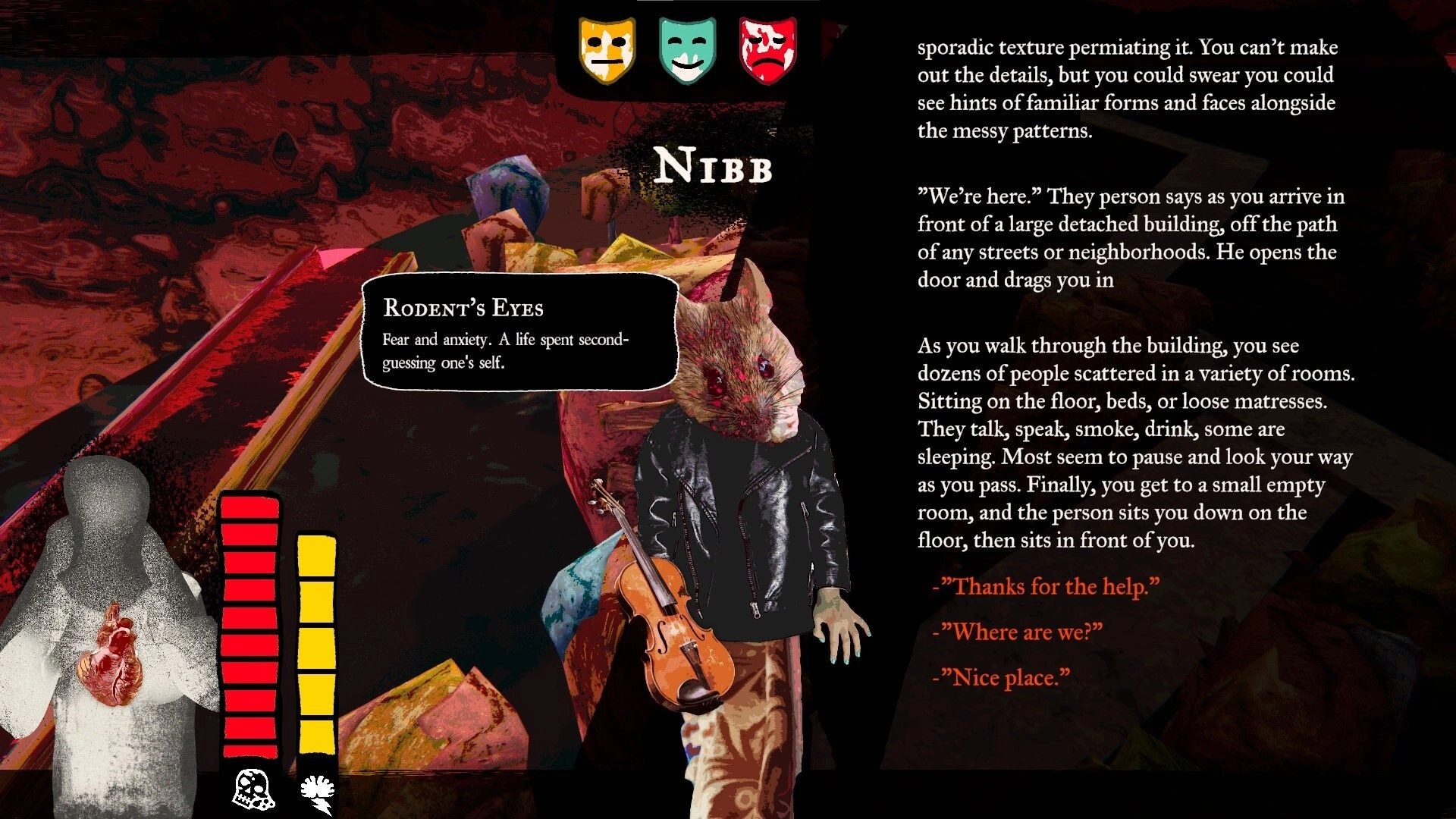 Joy Malignant: Dialogue scene with Nibb, a rat-headed violinist, beside text choices and meters.