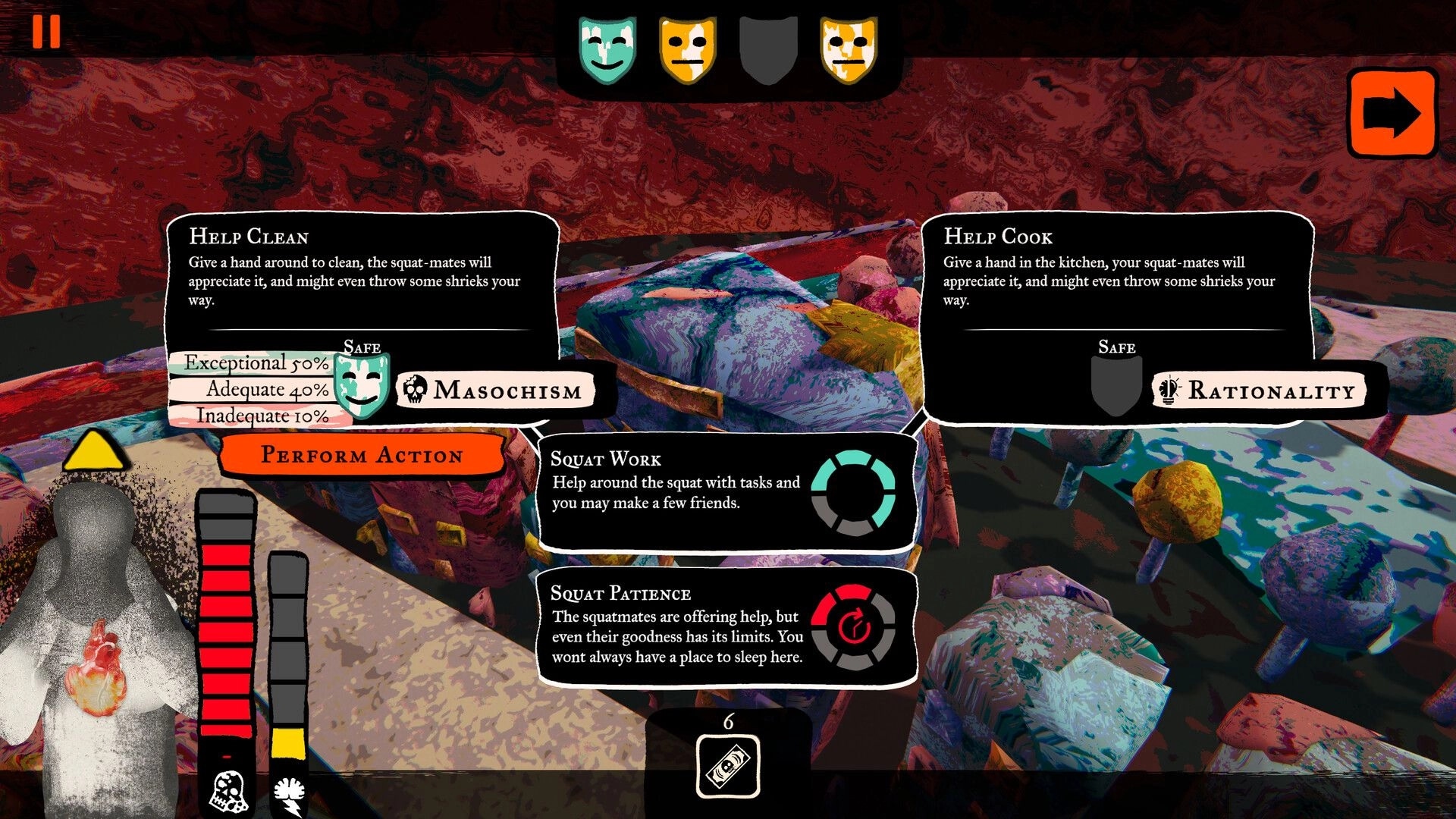 Joy Malignant: Squad work choice UI for Help Clean or Help Cook in a grimy, surreal campsite scene.