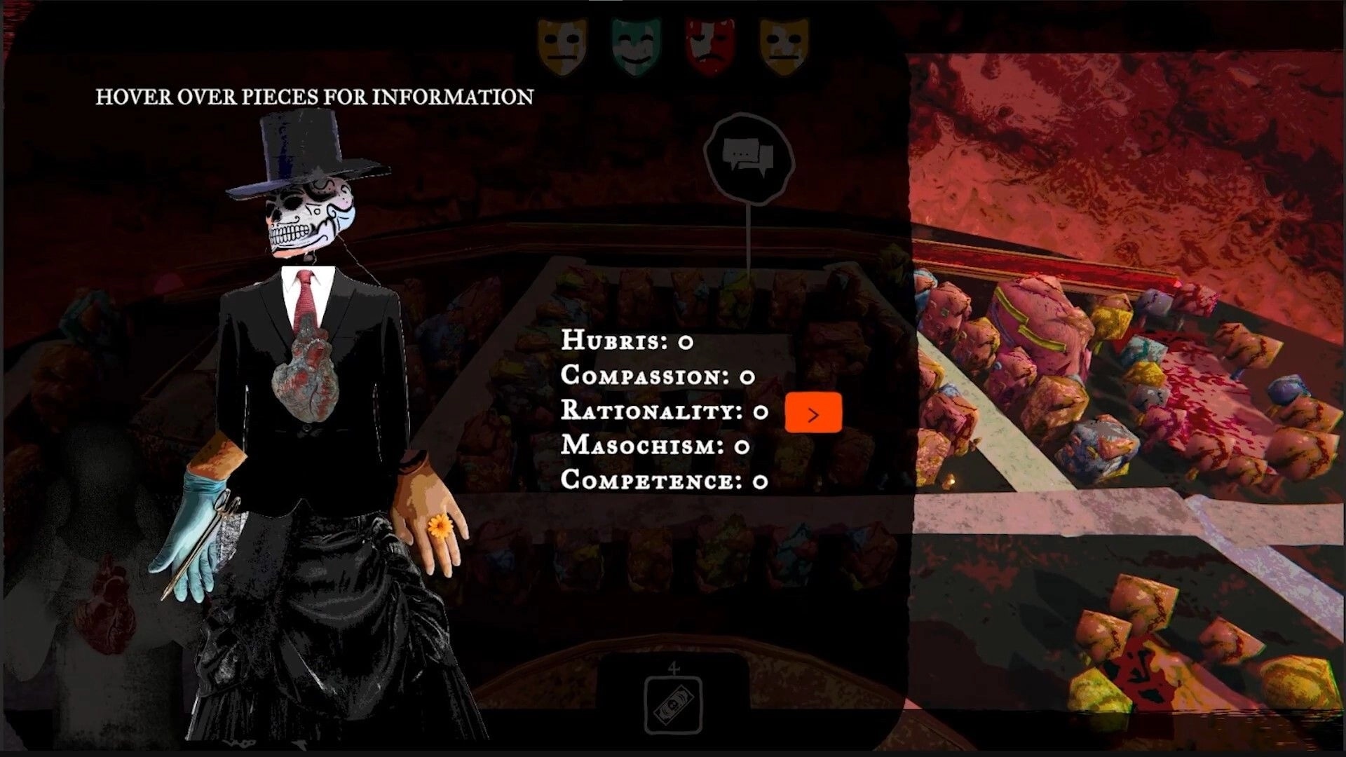 Joy Malignant: Character with skull face and top hat beside trait menu in bloody dice arena UI.