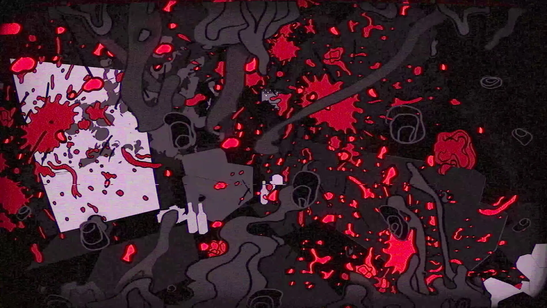 Juice: Dark abstract scene with red splatters and chaotic shapes, evoking a sense of horror and chaos.
