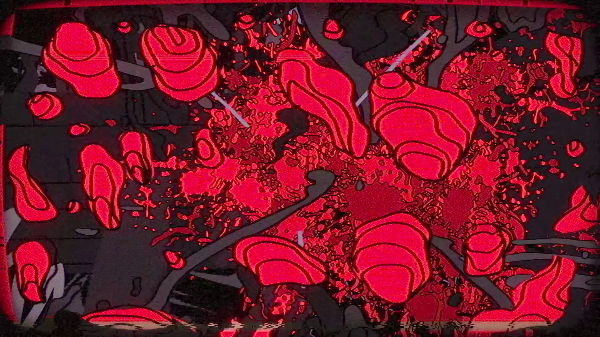 Juice: Abstract red and black visual with splattered patterns, resembling chaotic, intense monster design.