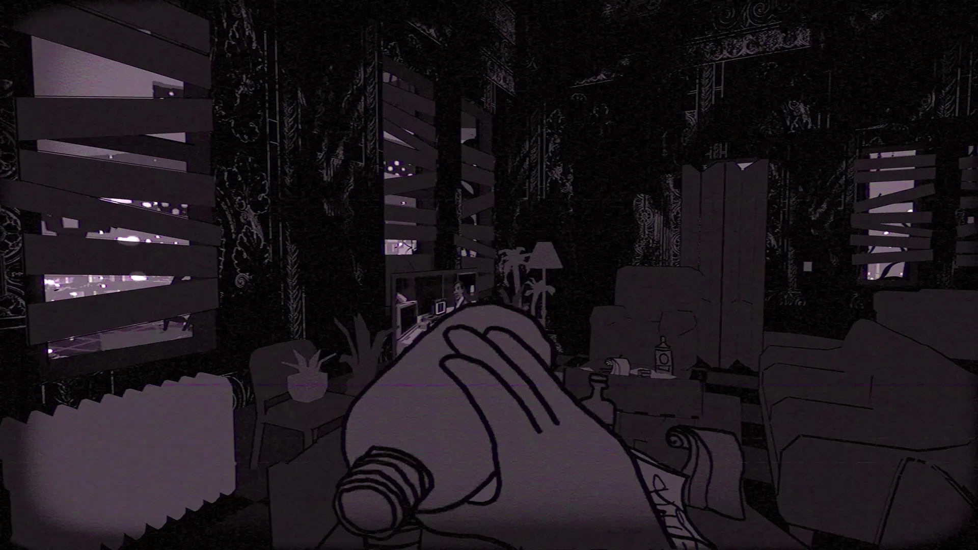 Juice: Player holding a light bulb in a dimly lit, barricaded room with scattered furniture and plants.
