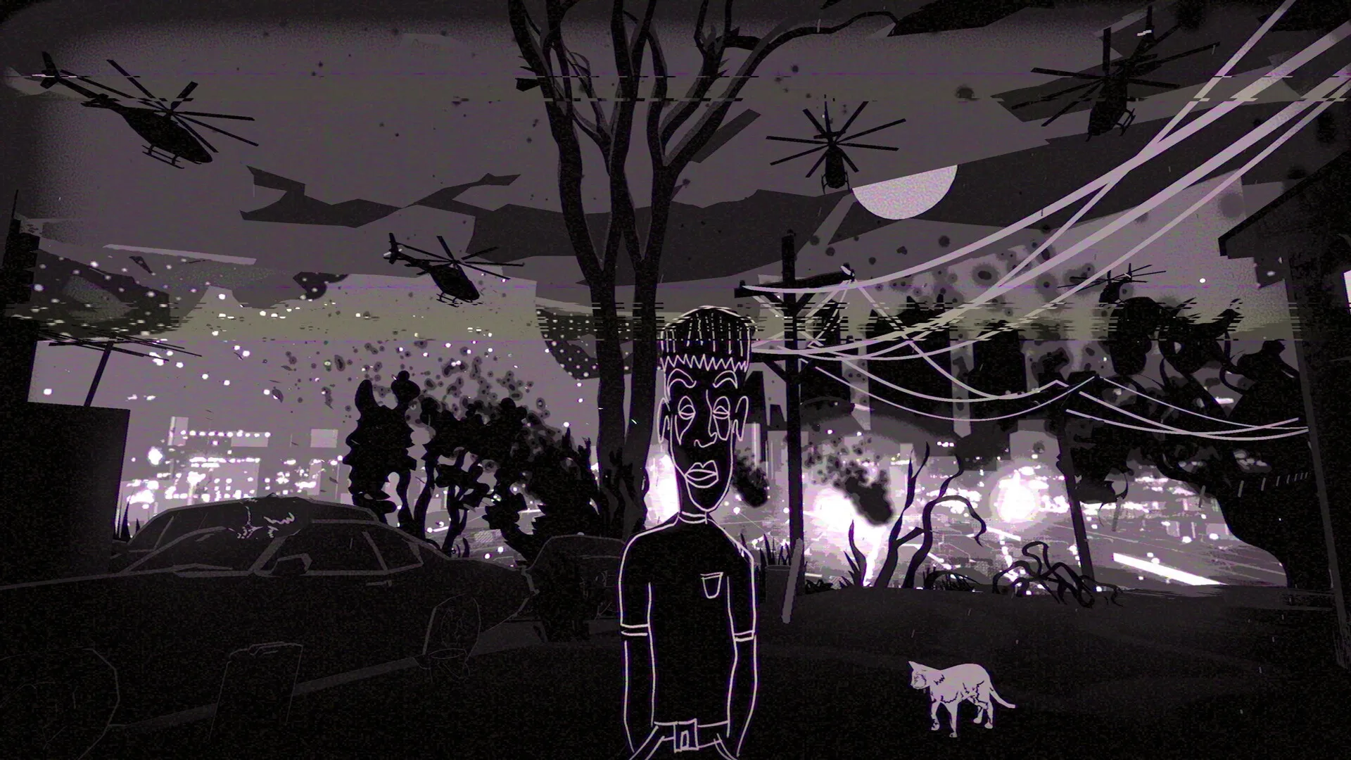 Juice: Lone survivor in eerie urban landscape with helicopters overhead and a cat nearby at night.