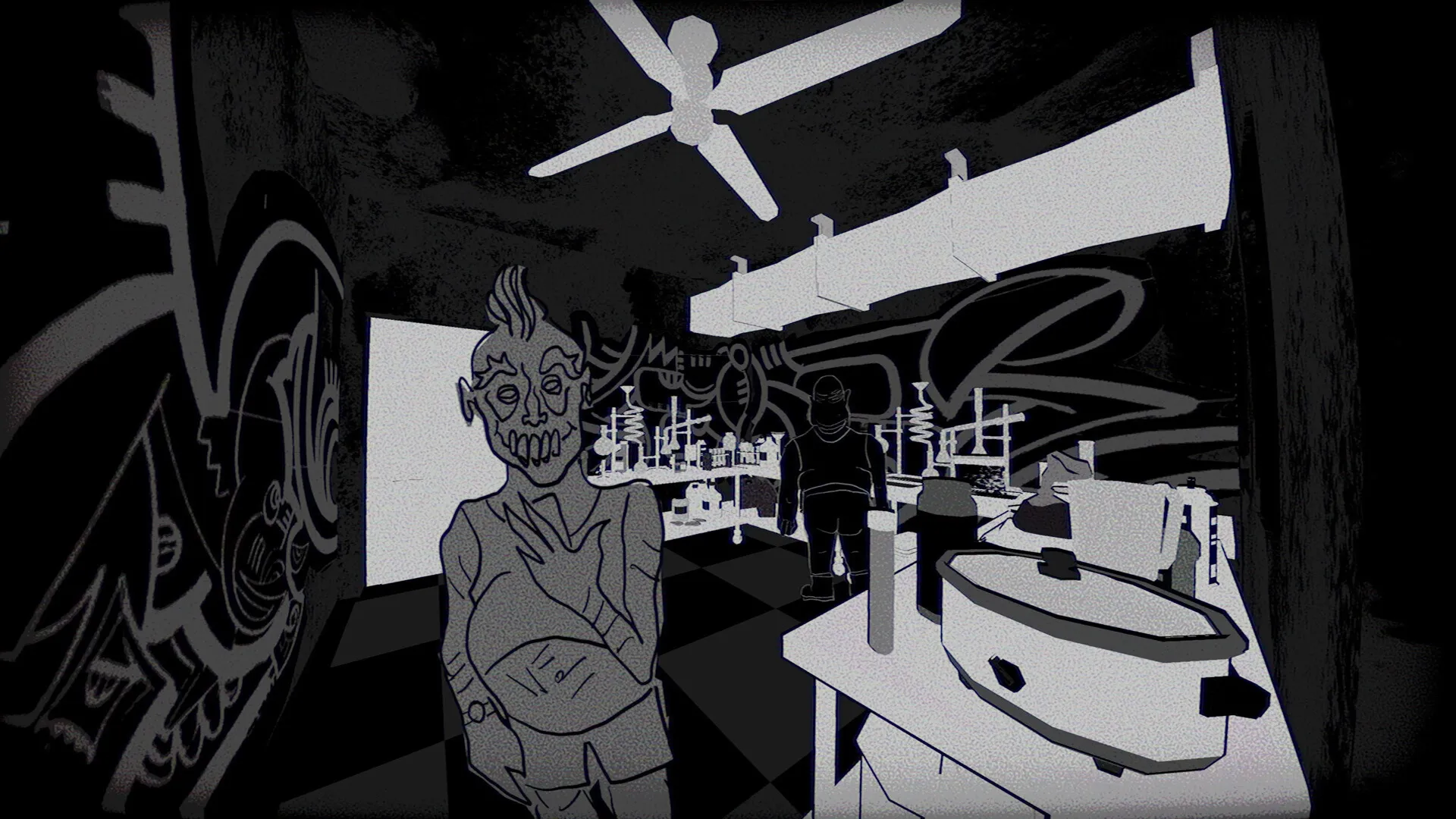 Juice: Creepy character in a graffiti-filled room with a ceiling fan and laboratory equipment nearby