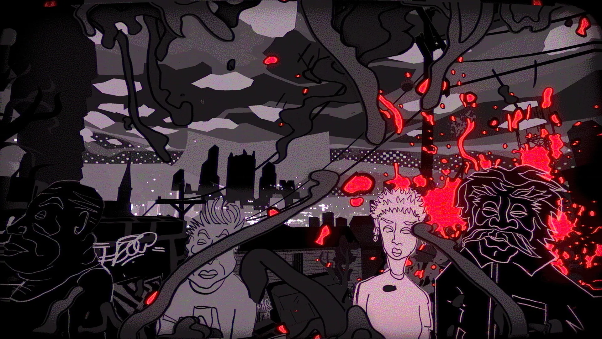 Juice: Dark urban landscape with red glowing tendrils and silhouetted figures under a stormy sky