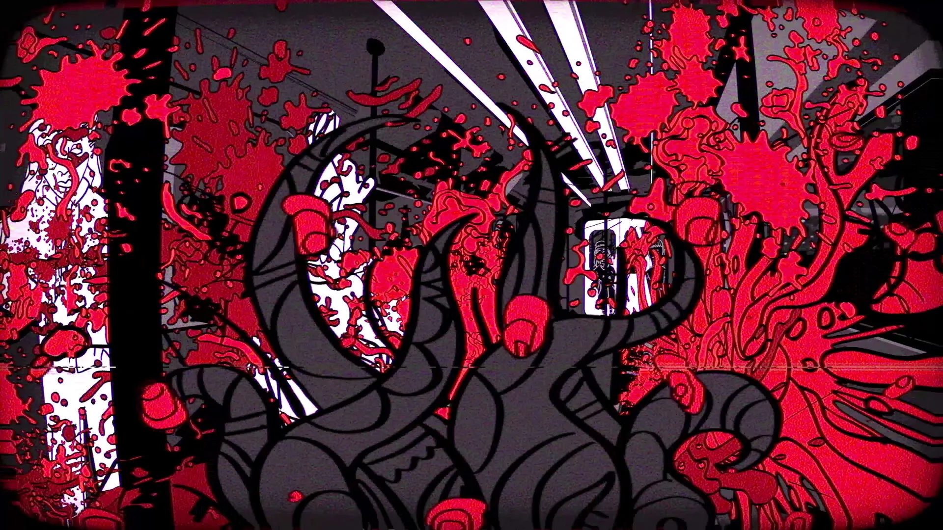Juice: Tentacled monster attacking in a blood-splattered room with chaotic red and black graphics.
