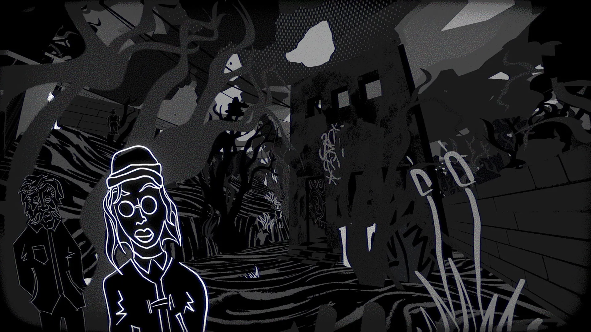 Juice: Hand-drawn characters in eerie forest with twisted trees and dark, ominous building in background