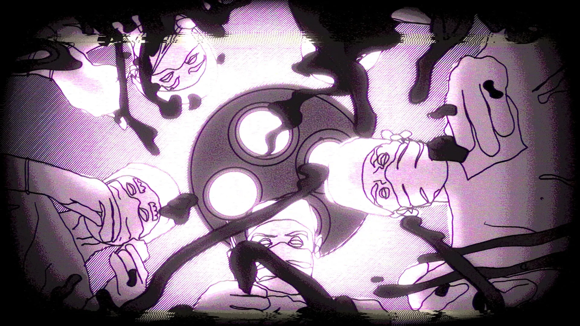 Juice: Monstrous figures peer down with sinister expressions, dark tendrils creeping into a dim setting.