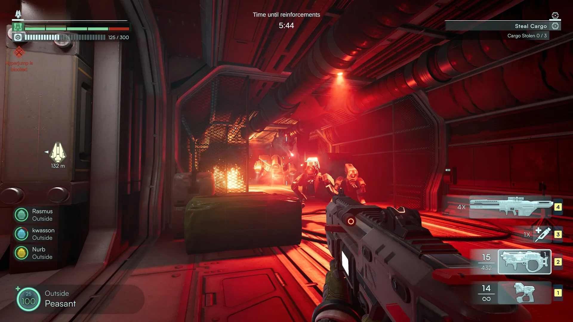 Jump Ship: First-person combat with robots in a red-lit spaceship corridor, weapon HUD visible
