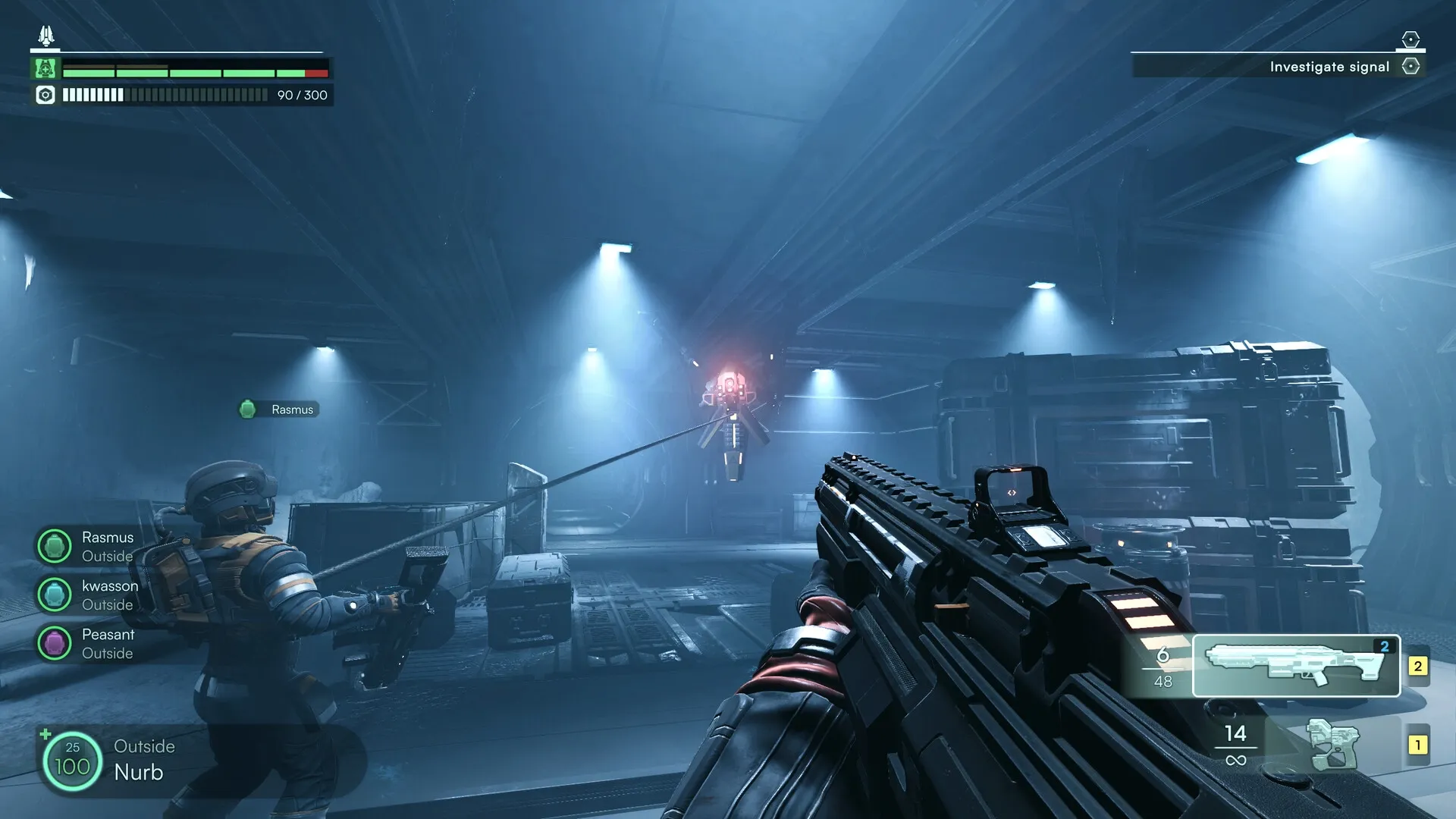 Jump Ship: Player aims rifle at hovering drone inside dimly lit spaceship corridor with teammate Rasmus