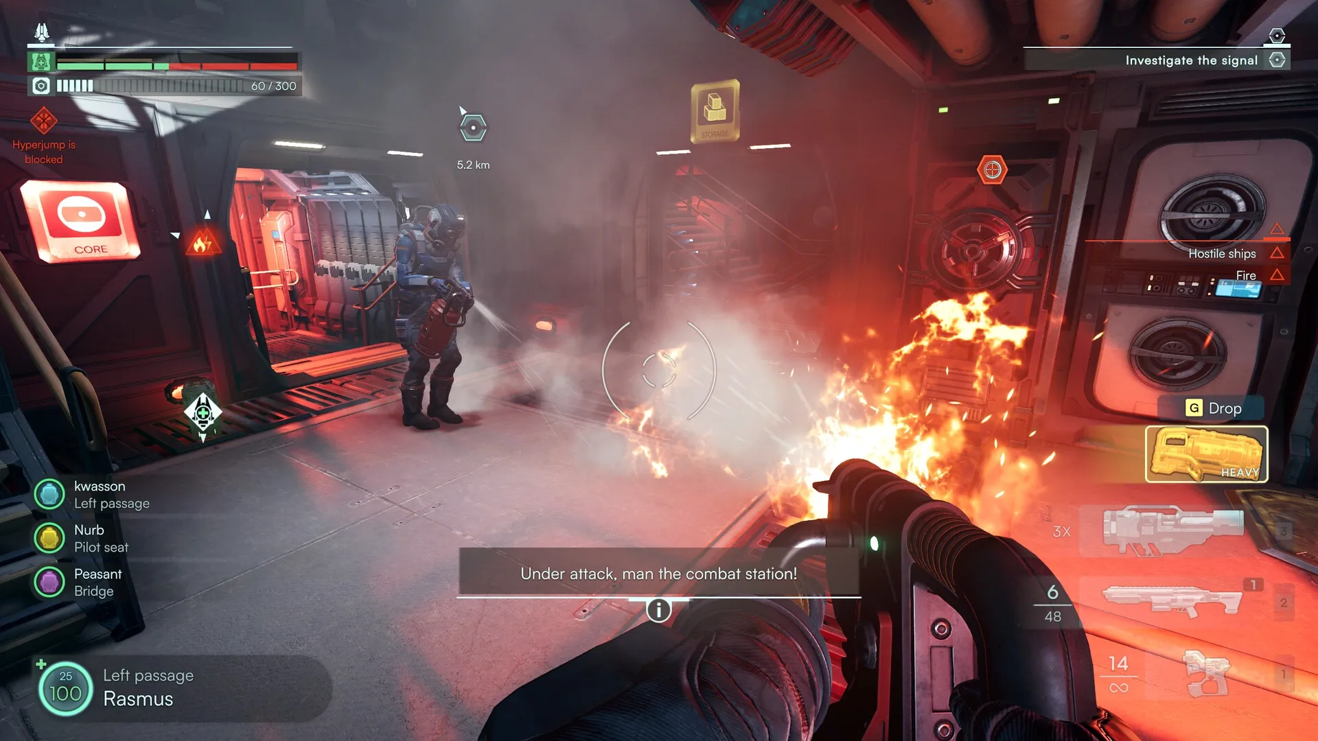 Jump Ship: Crew member extinguishing fire in a spaceship corridor with HUD showing objectives and health