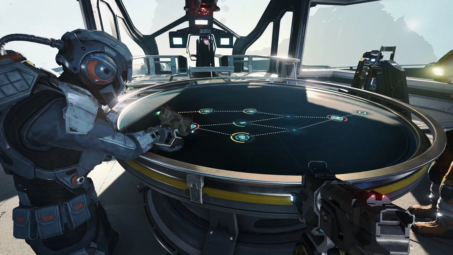 Jump Ship: Crew member strategizing at navigation table in spaceship command center