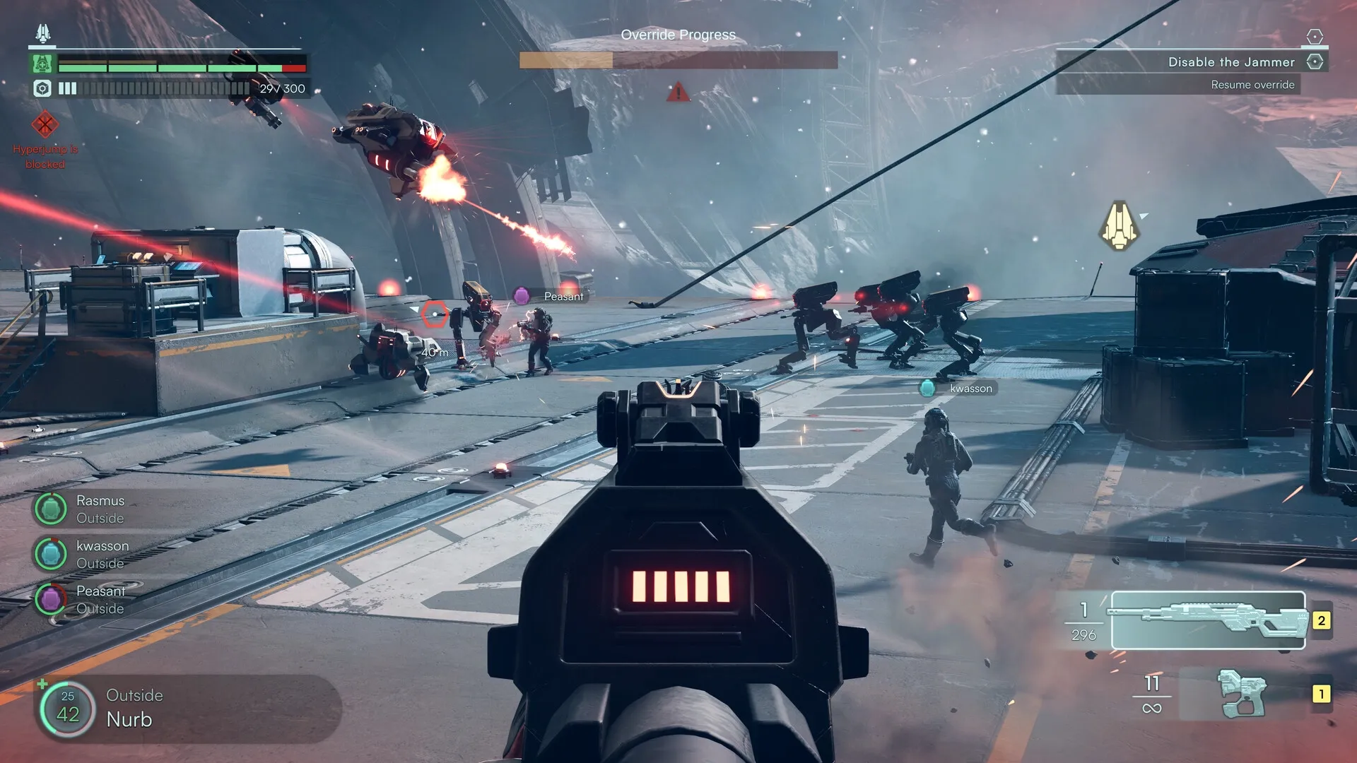 Jump Ship: First-person combat targeting enemy robots on a futuristic space station with active HUD elements