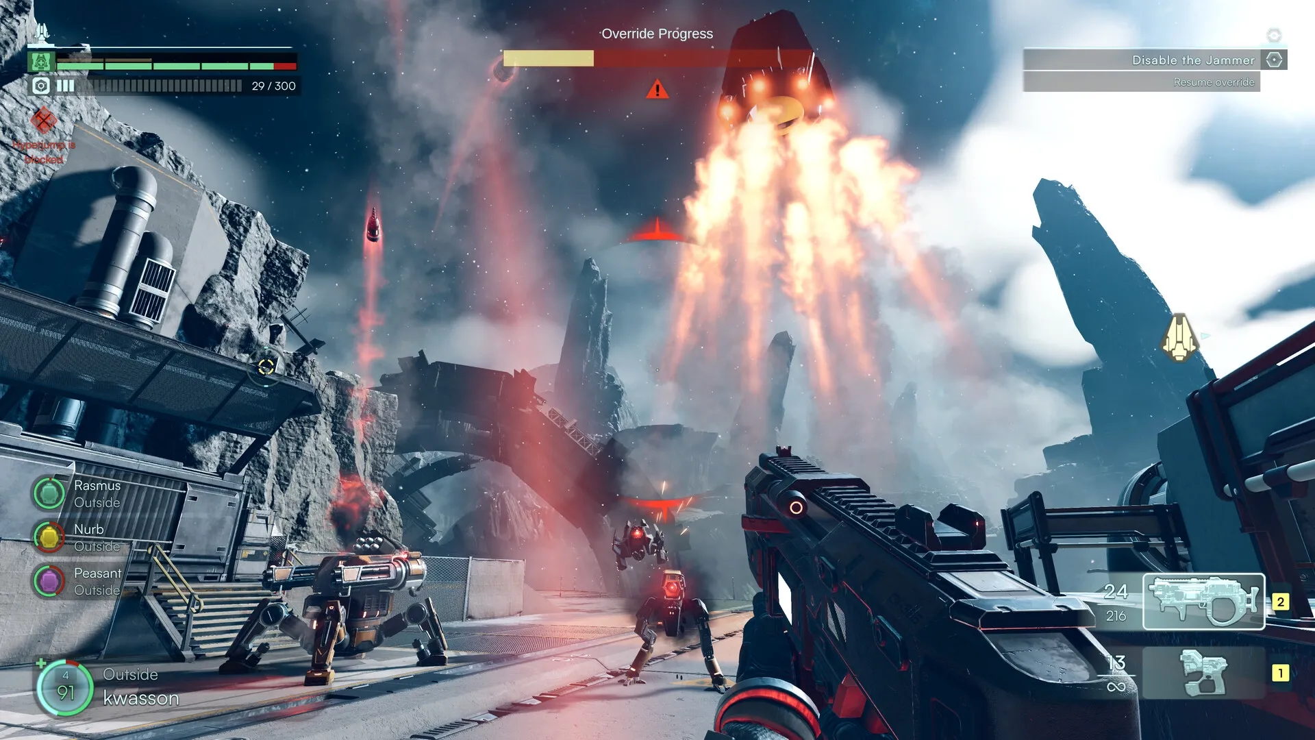 Jump Ship: First-person gunfight with robots on a rocky alien planet under fiery spaceship launch