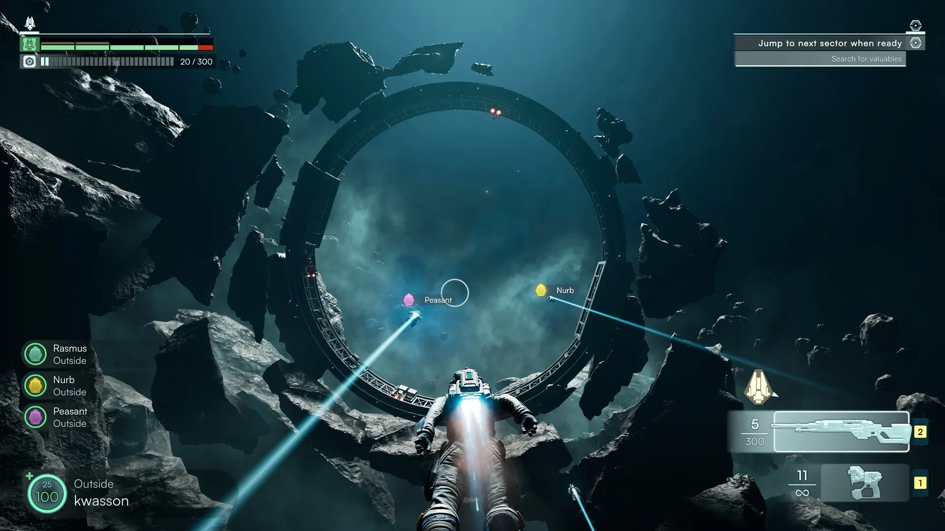 Jump Ship: Player jetpacks through asteroid field toward a massive space gate with teammates in pursuit