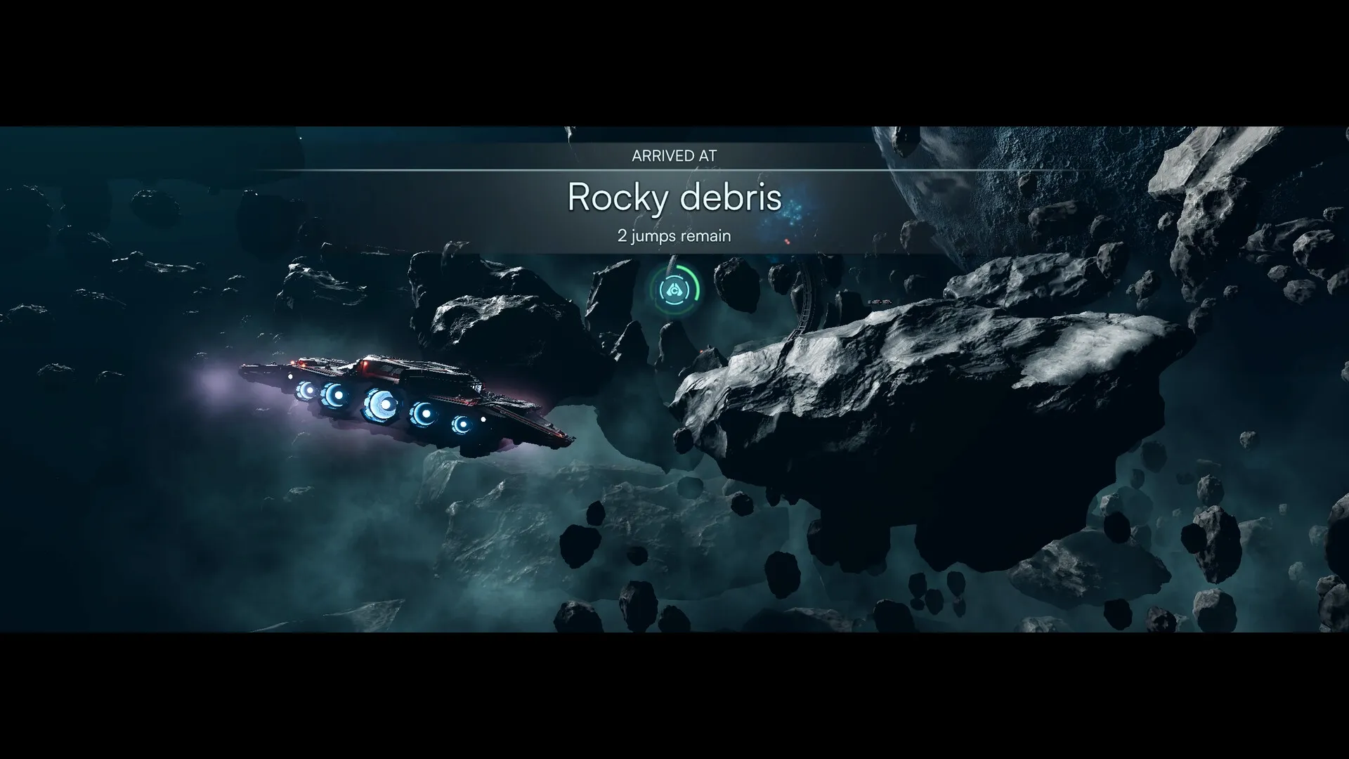 Jump Ship: Spaceship navigating through asteroid field labeled "Rocky debris" with two jumps remaining