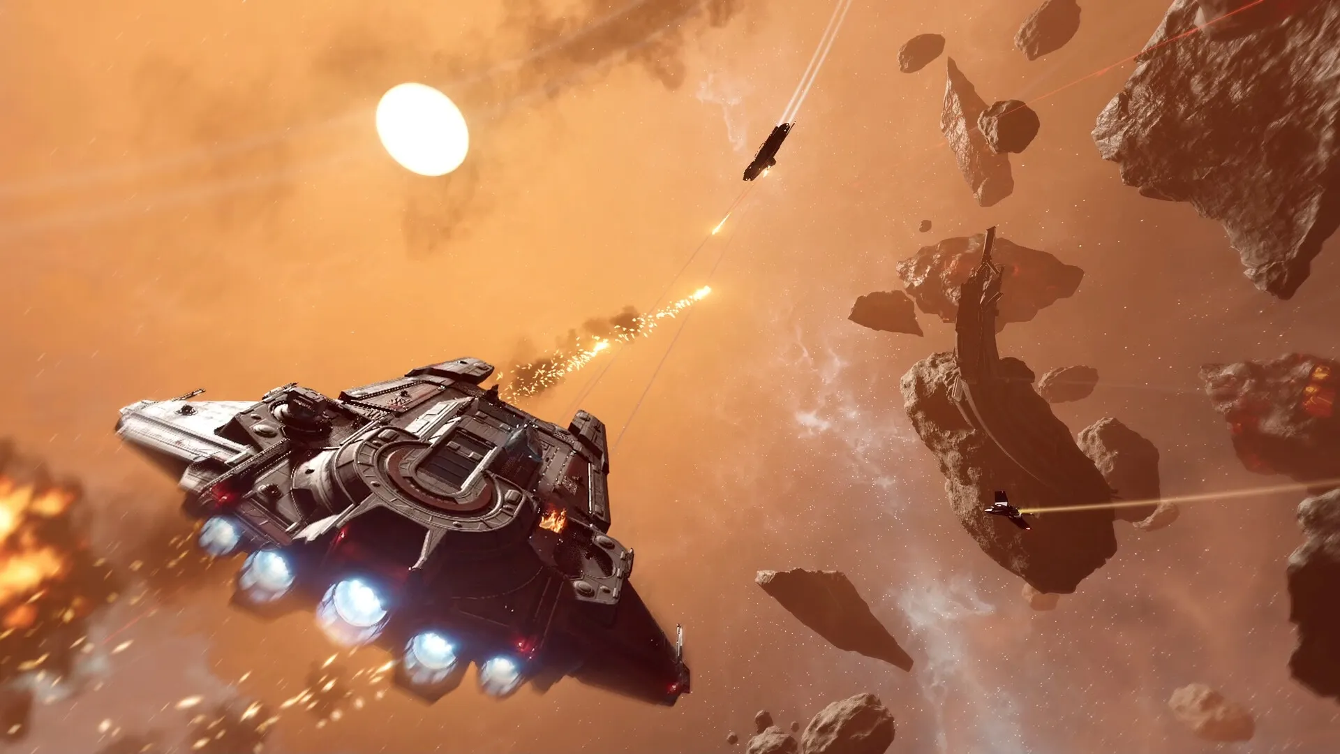 Jump Ship: Spaceship engaged in battle with enemy vessels amidst asteroid field in deep space.