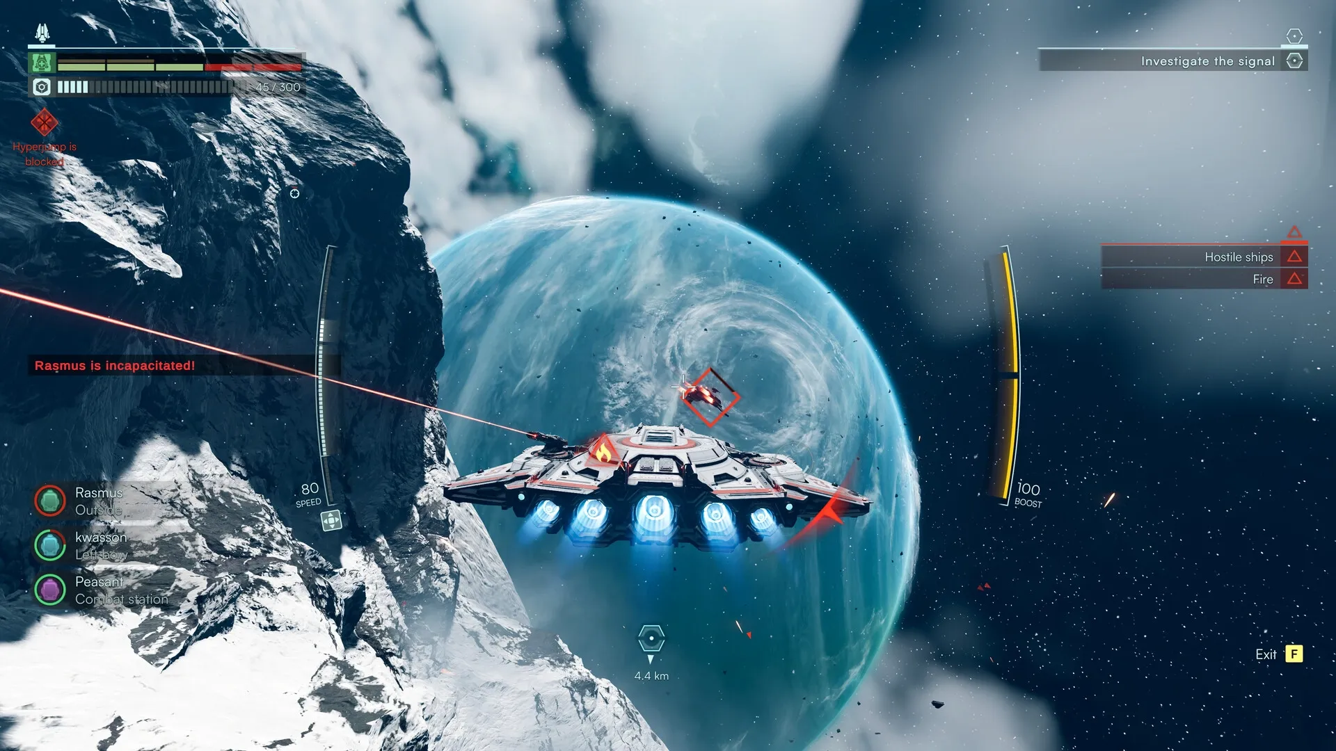 Jump Ship: Spaceship battle near icy asteroid, player ship targeting enemy with UI alerts and speed display