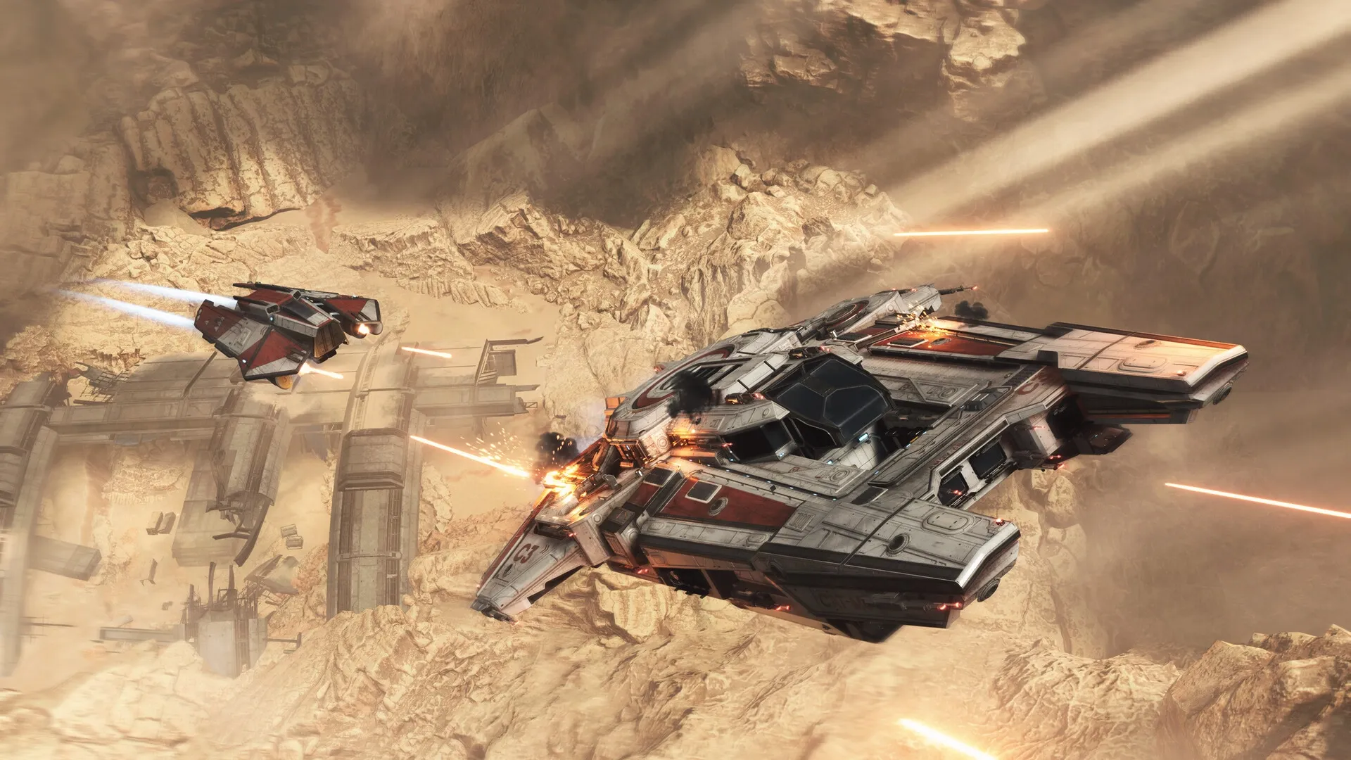 Jump Ship: Spaceship battle over rocky canyon with laser fire and damaged vessels in aerial combat