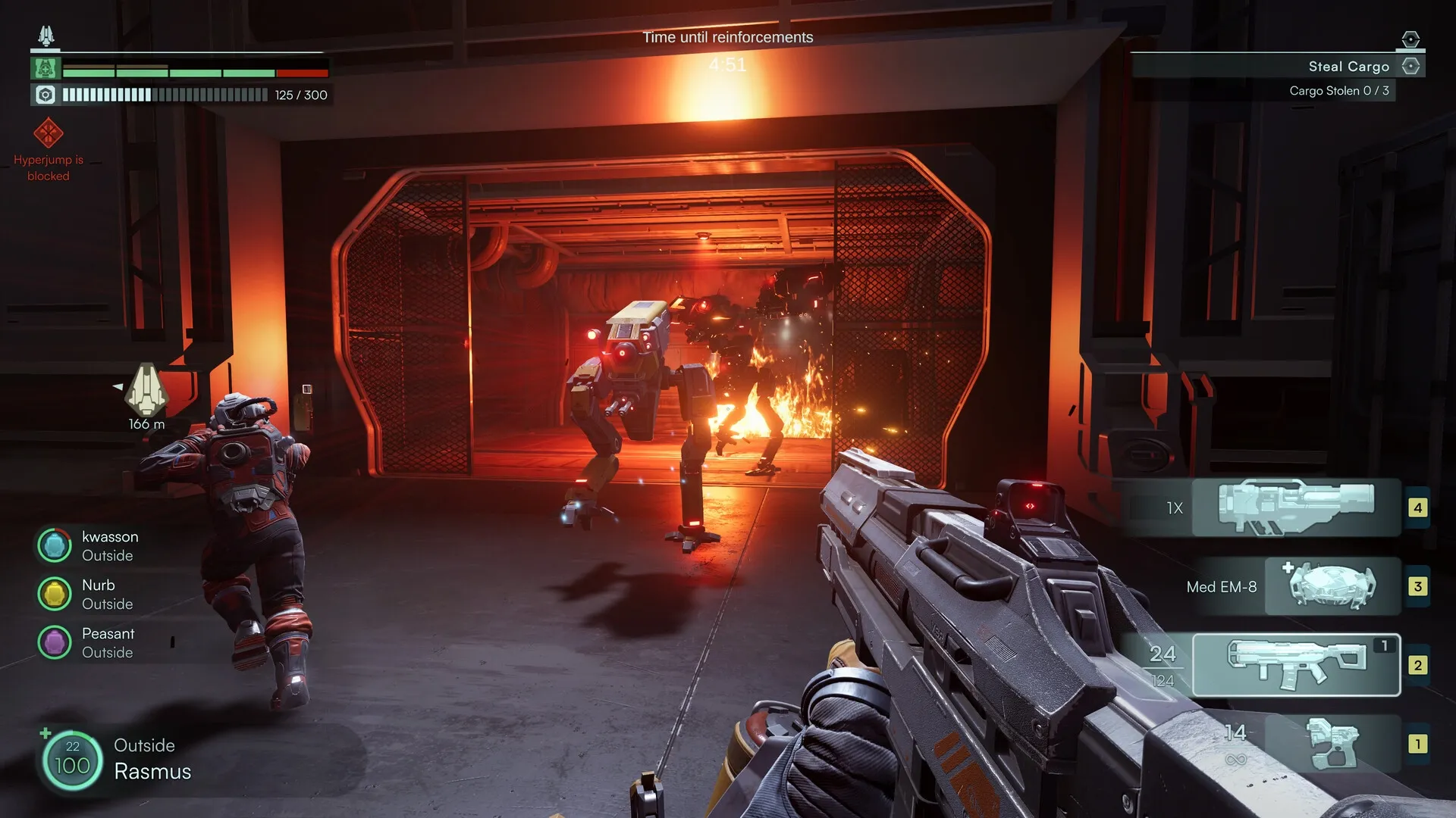 Jump Ship: Rasmus and crew engage robots in fiery spaceship corridor, weapon HUD displayed