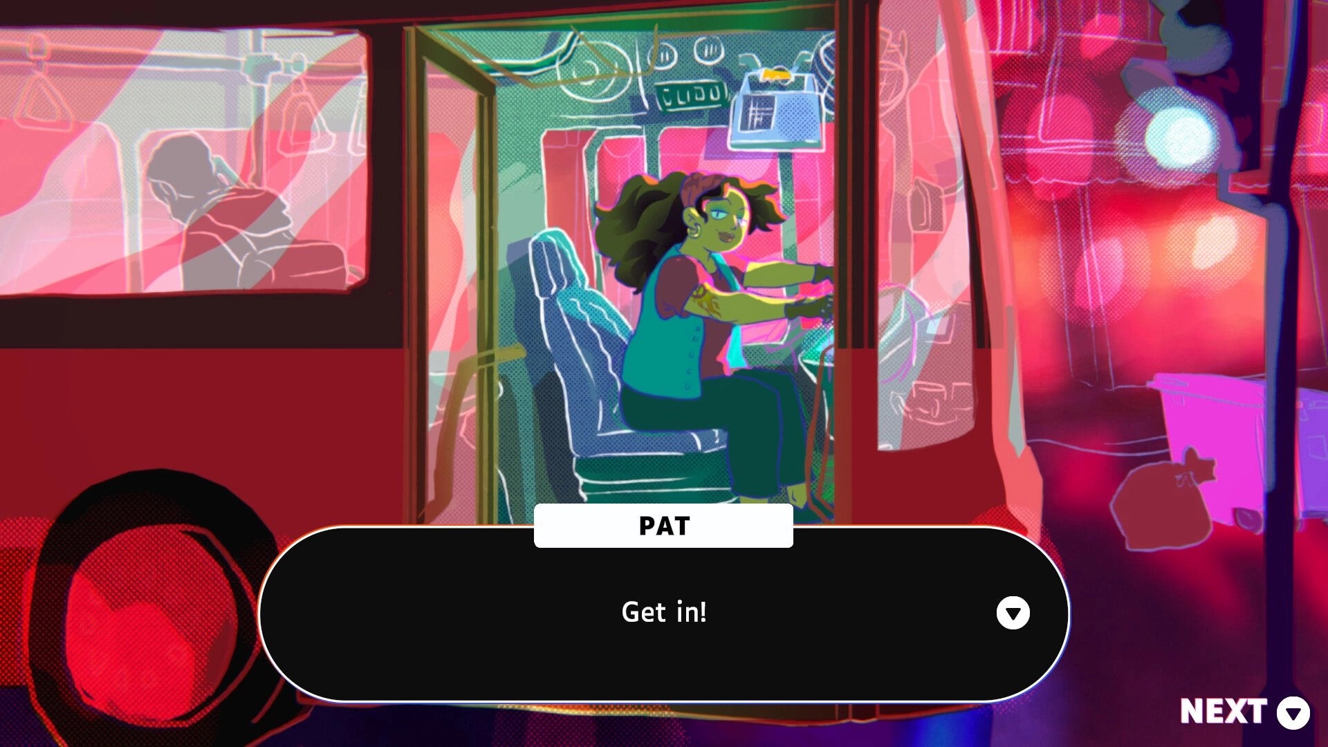 Jump the Track: Pat driving a colorful bus with dialogue "Get in!" in vibrant night city setting.