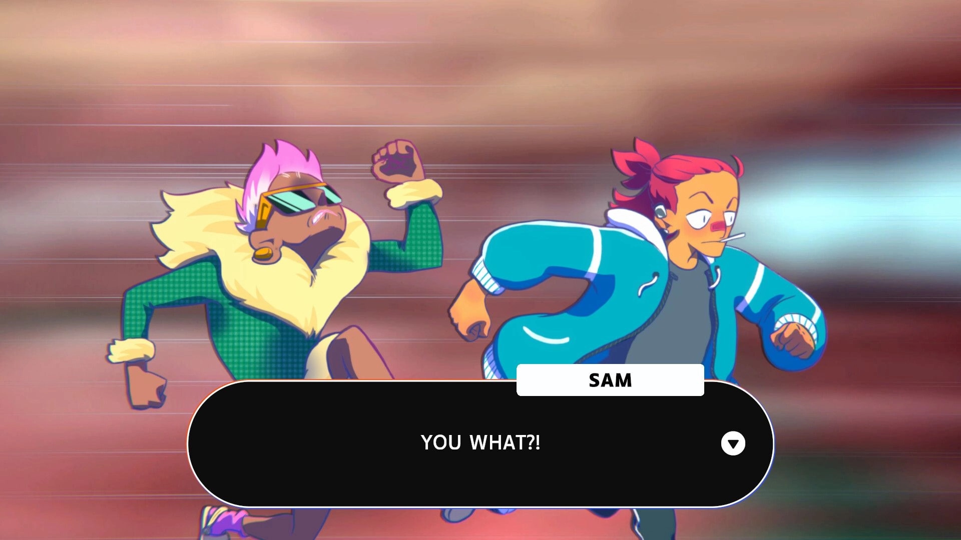 Jump the Track: Sam and a rival character sprinting with a dialogue box displaying "YOU WHAT?!"