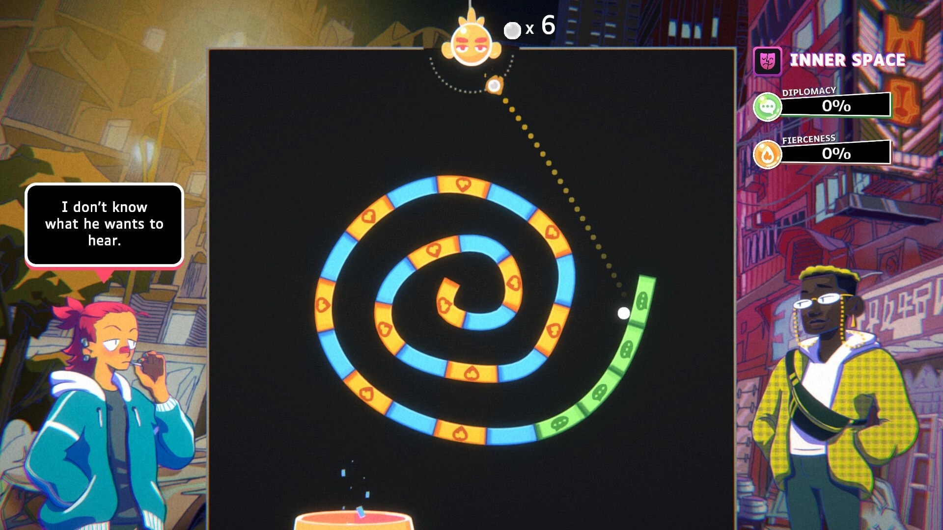 Jump the Track: Sam pondering dialogue options in vibrant urban setting with spiral puzzle game