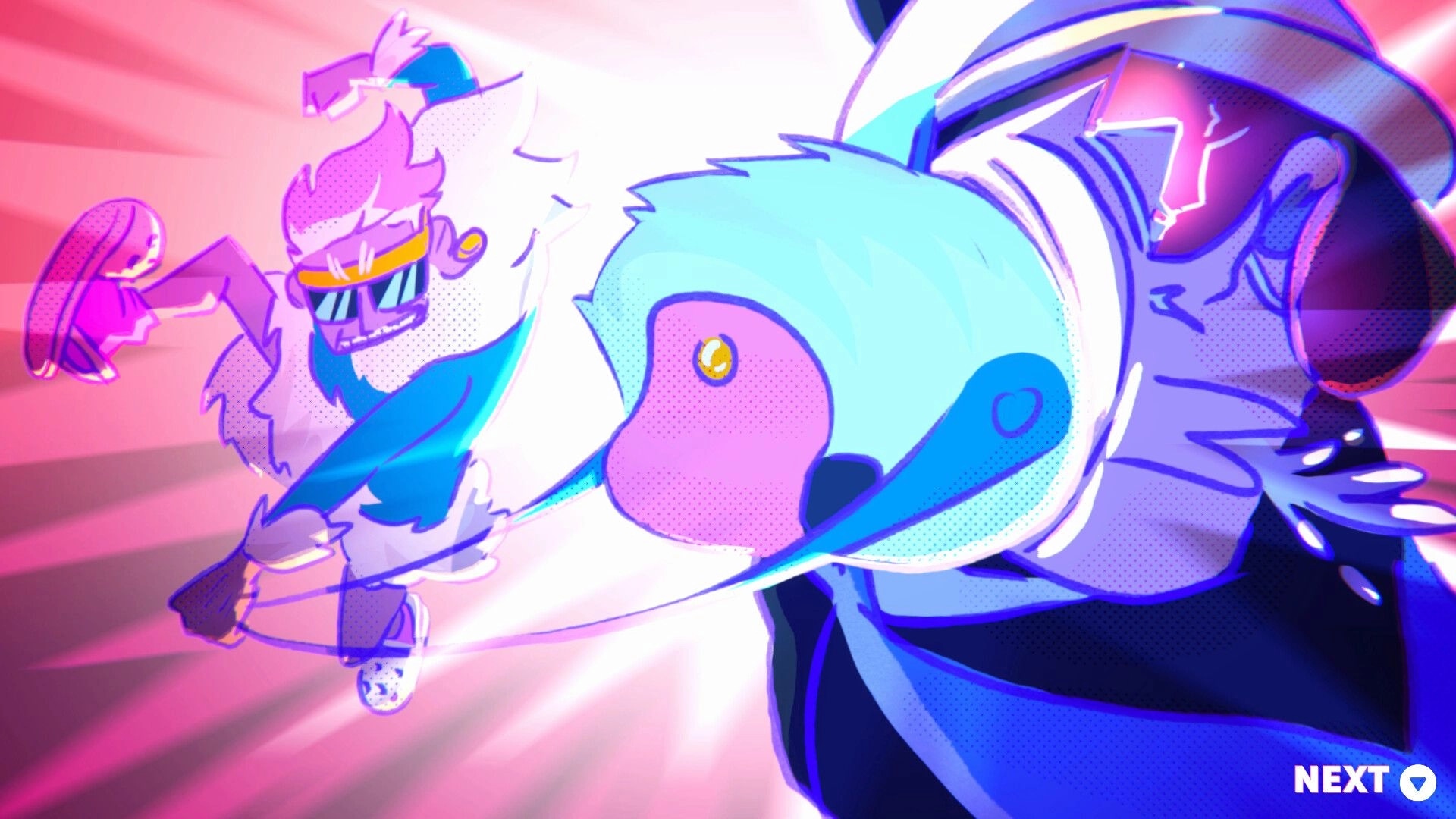 Jump the Track: Sam performs a dynamic kick in a vibrant, comic-style action scene with neon colors