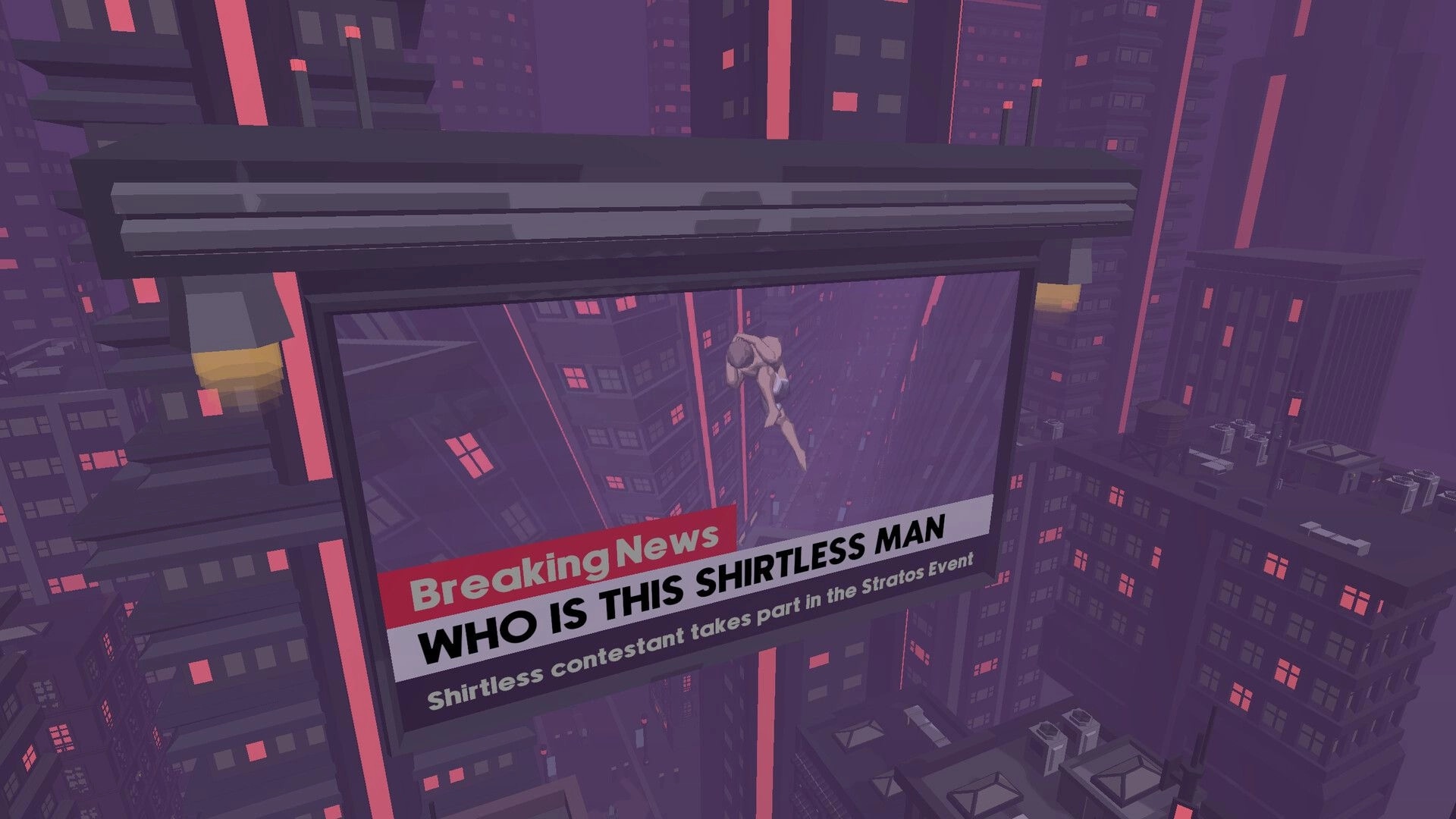 Jump To Stratos: Shirtless contestant jumps between neon-lit skyscrapers amidst breaking news banner
