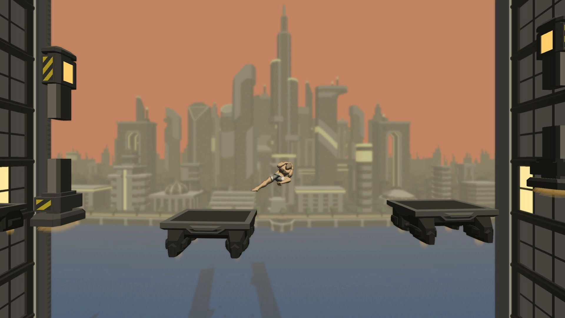 Jump To Stratos: Character mid-jump between floating platforms with futuristic city skyline backdrop