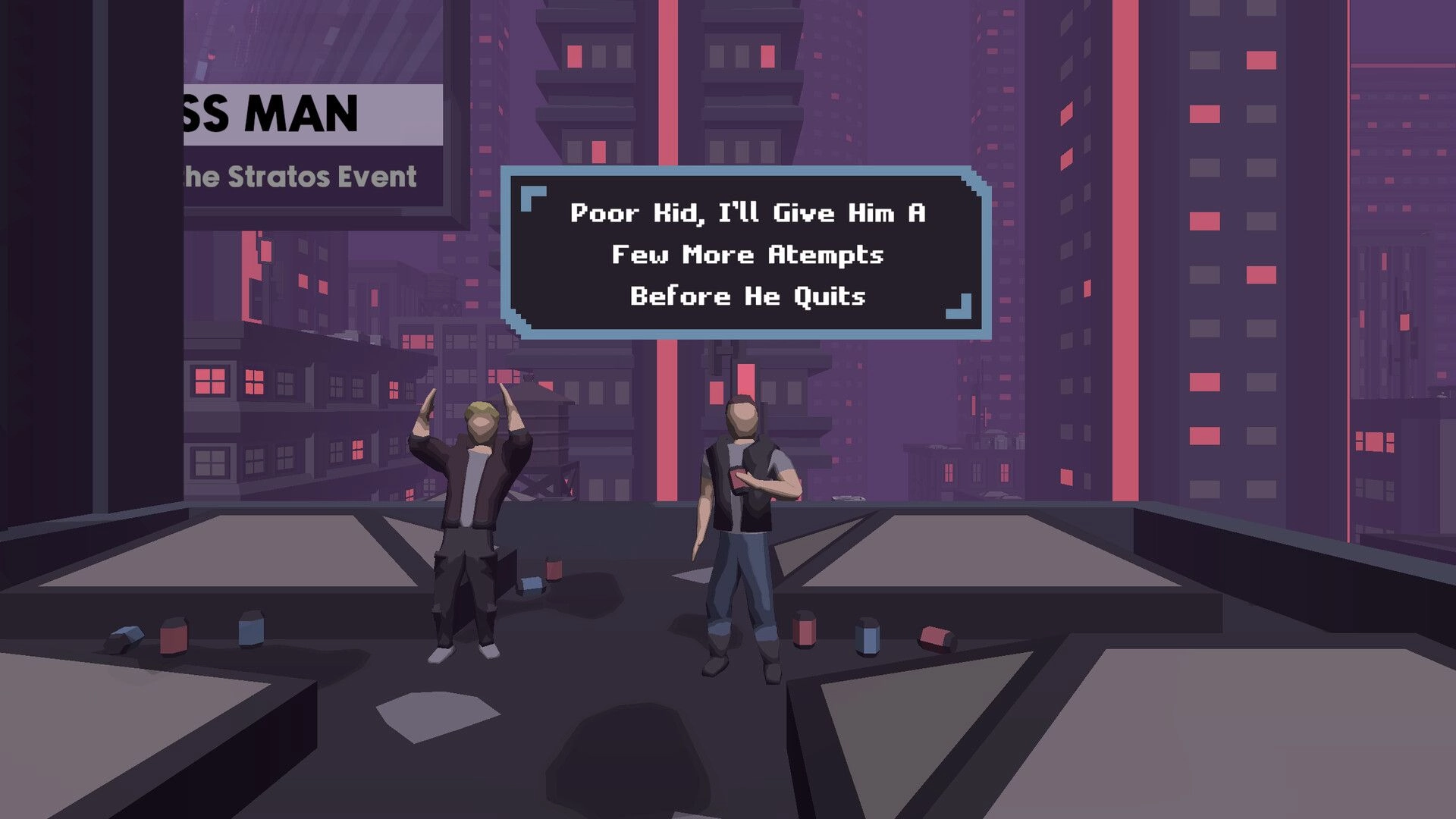 Jump To Stratos: Two characters on a rooftop with dialogue box, surrounded by tall neon-lit buildings.