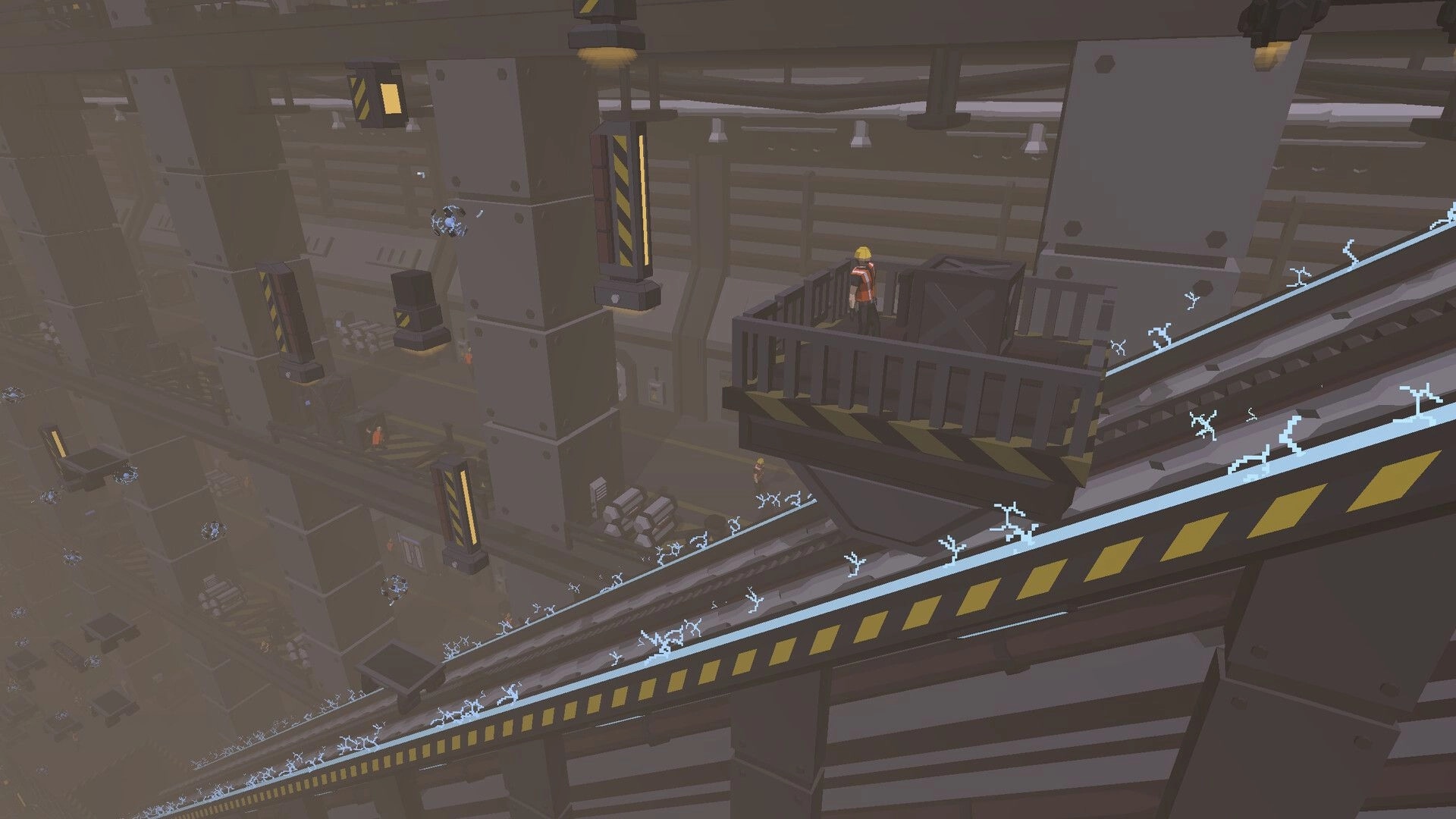 Jump To Stratos: Player rides platform through industrial factory with electric obstacles and machinery.