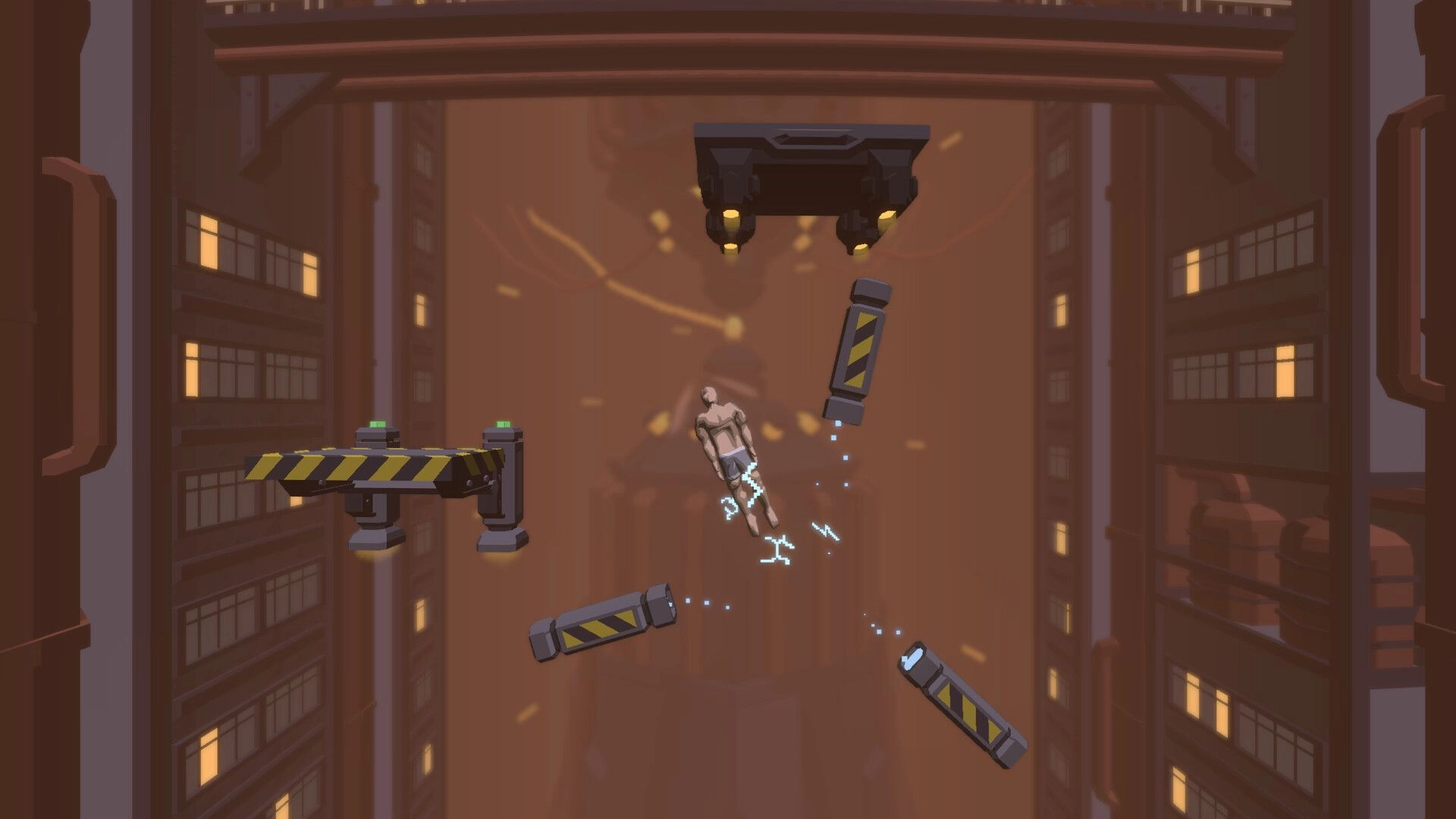 Jump To Stratos: Character jumps between moving platforms in industrial shaft environment