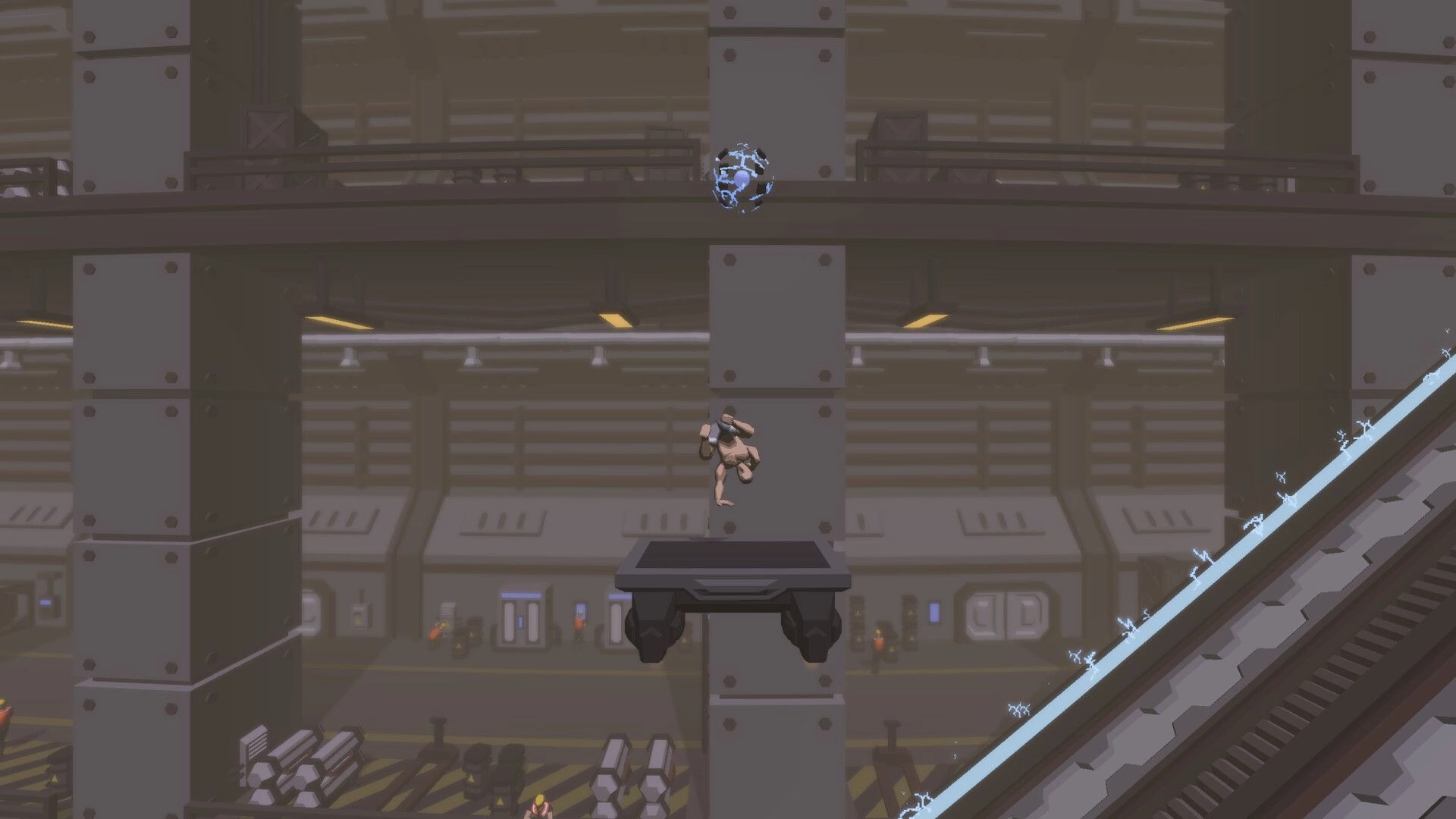 Jump To Stratos: Character jumping between platforms in futuristic cityscape with neon signs.