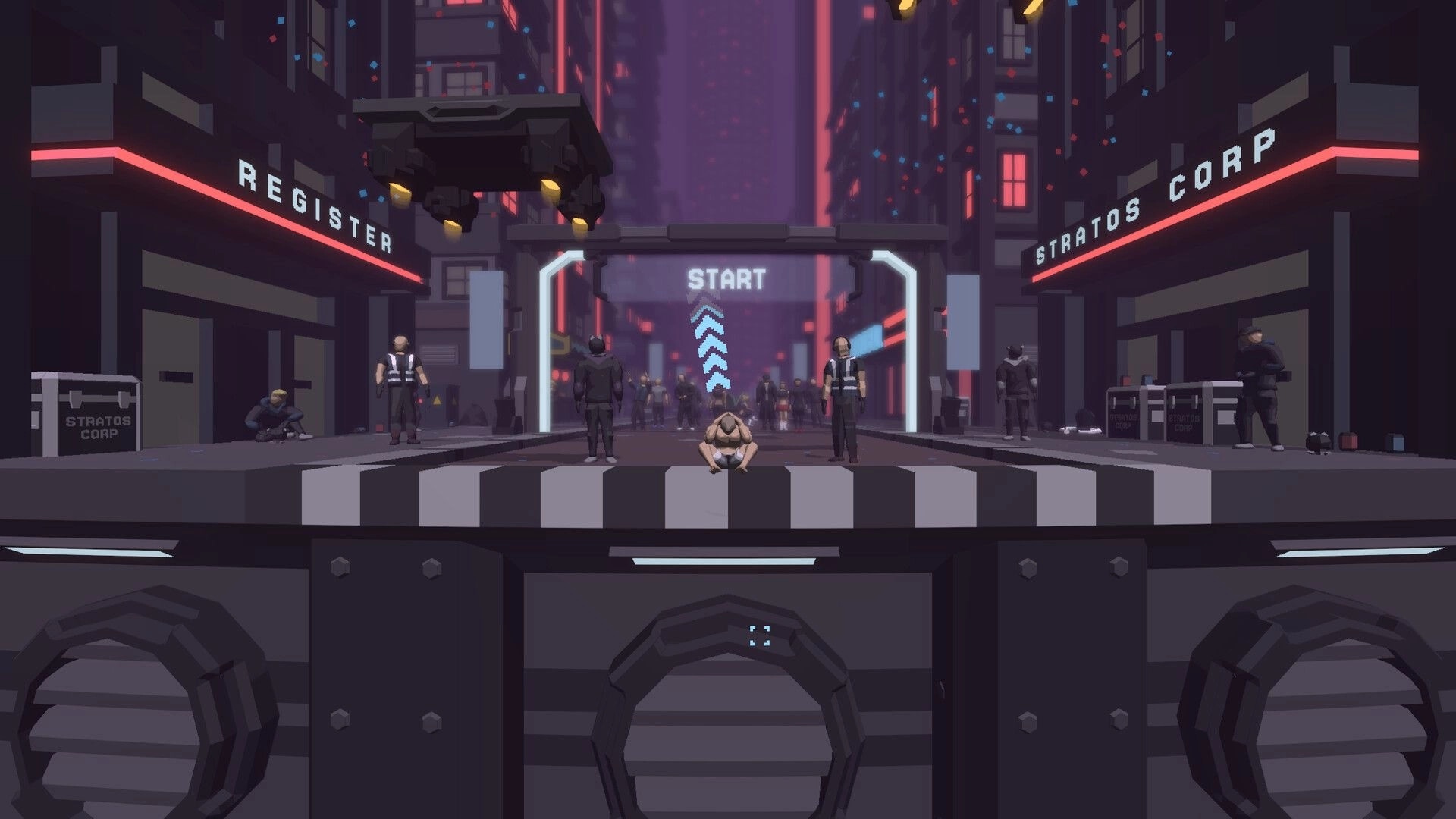 Jump To Stratos: Character crouched at starting line in futuristic city with neon lights and signs