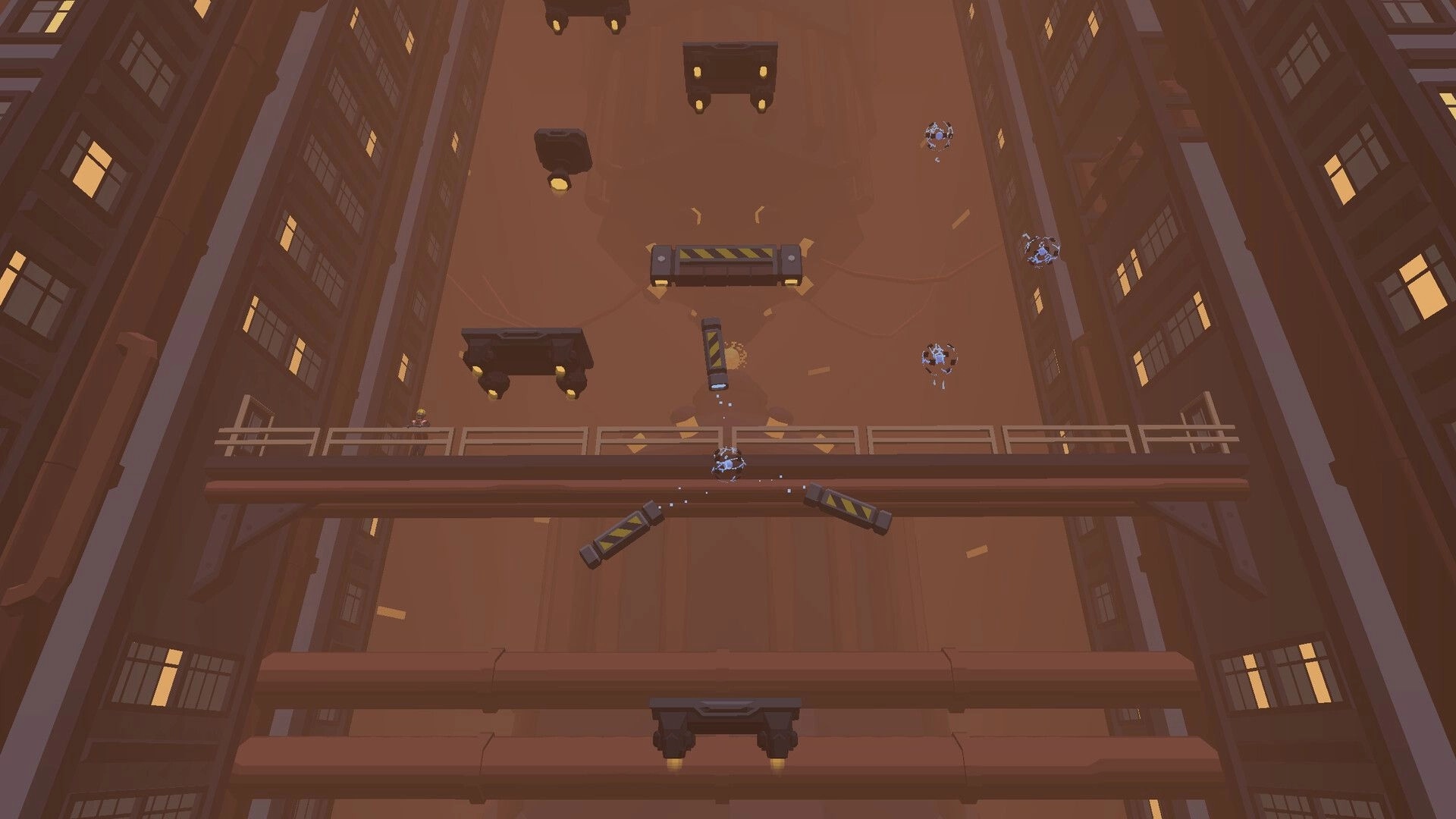 Jump To Stratos: Character navigating platforms inside a tall industrial shaft with obstacles and spikes