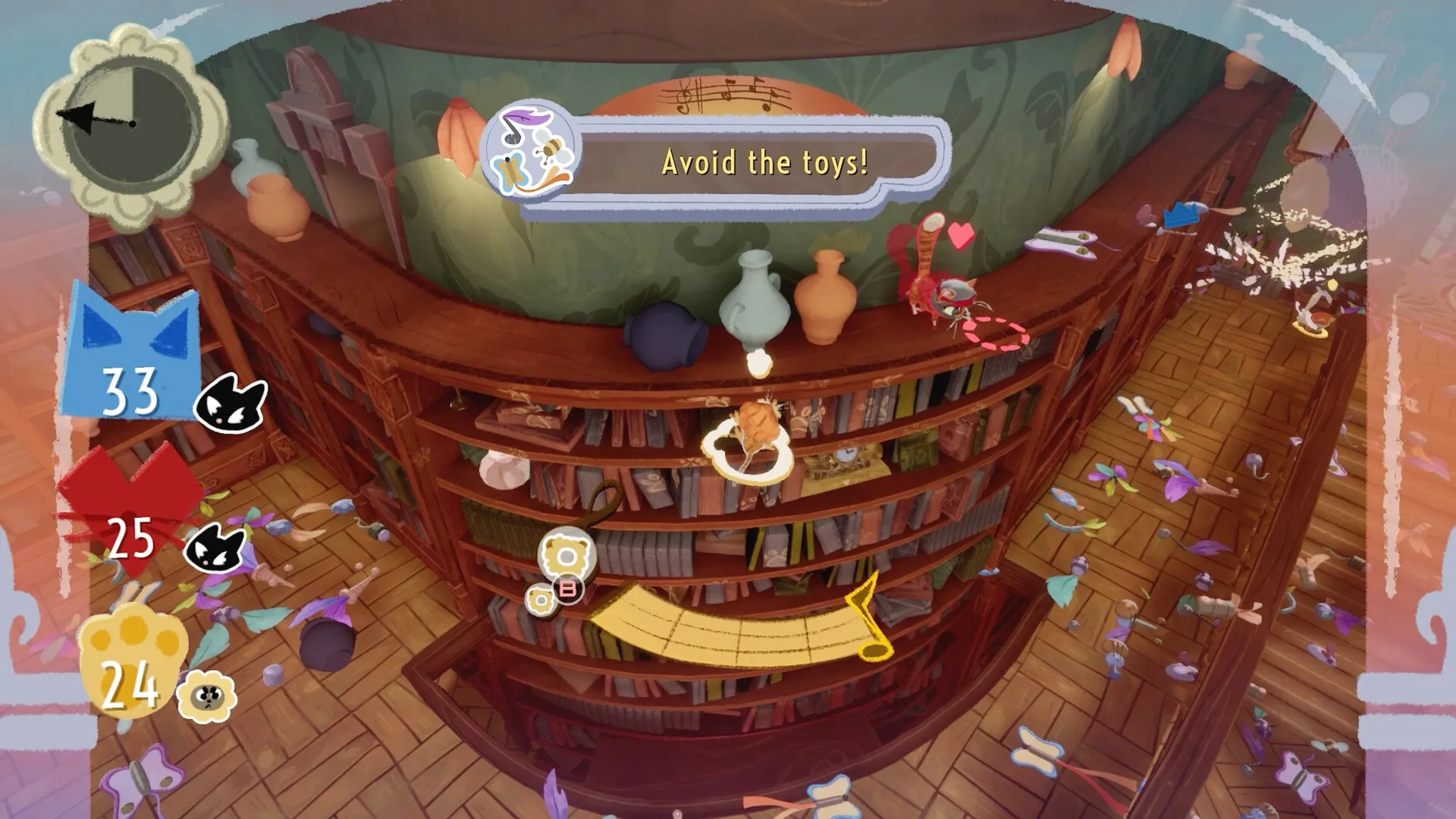 Jumping Jazz Cats: Cats navigate bookshelf, avoiding toys, with scores displayed in a colorful mansion.
