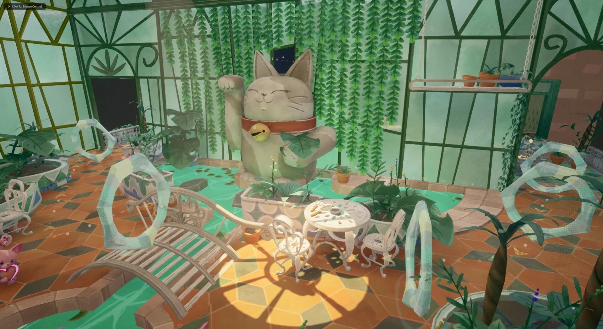 Jumping Jazz Cats: Exploring greenhouse with a giant cat statue and playful feline companions