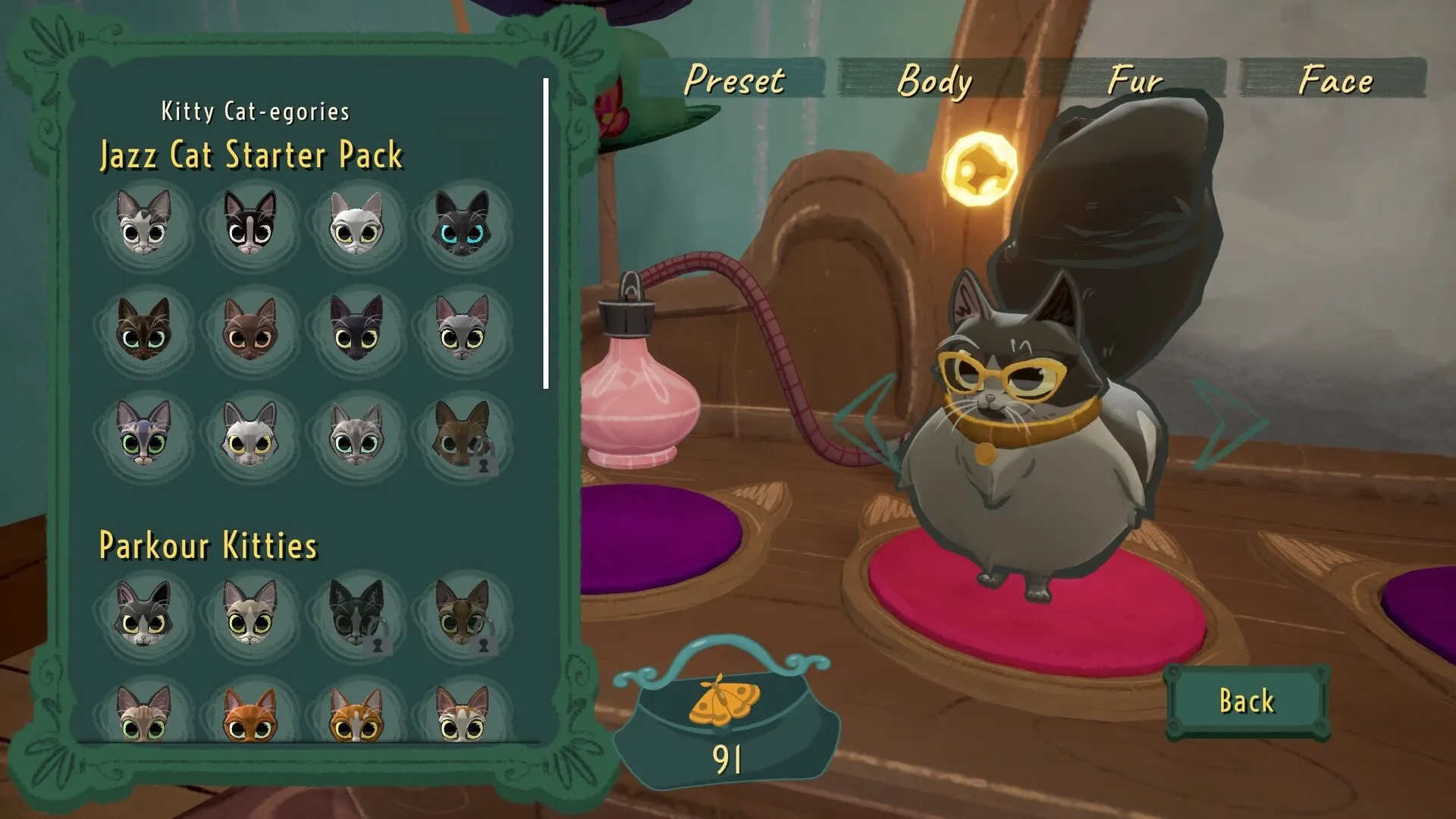 Jumping Jazz Cats: Character selection screen with various cat avatars and customization options displayed